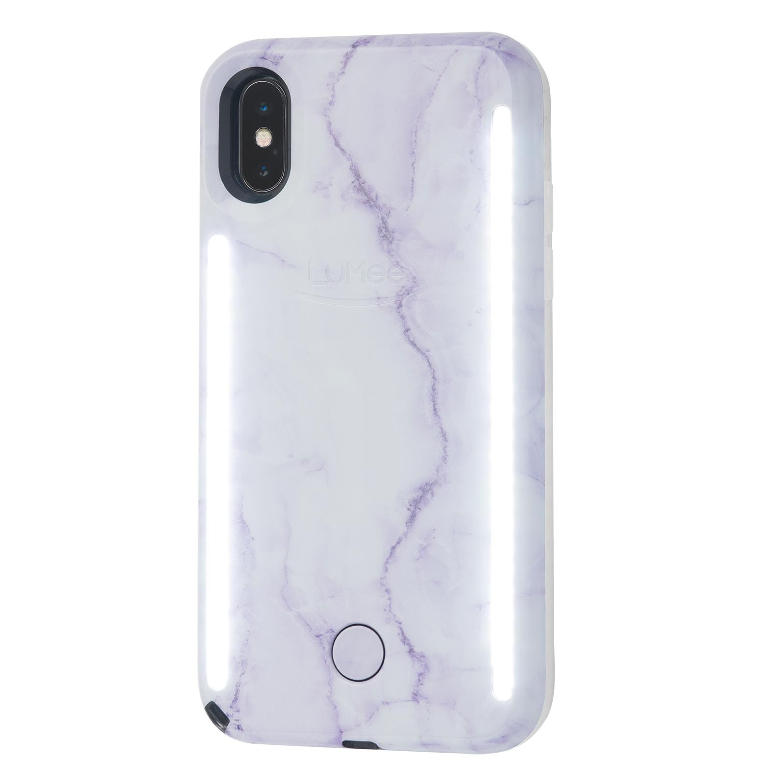 iPhone X case with purble marble pattern and built in selfie lights. color::Lavender Marble
