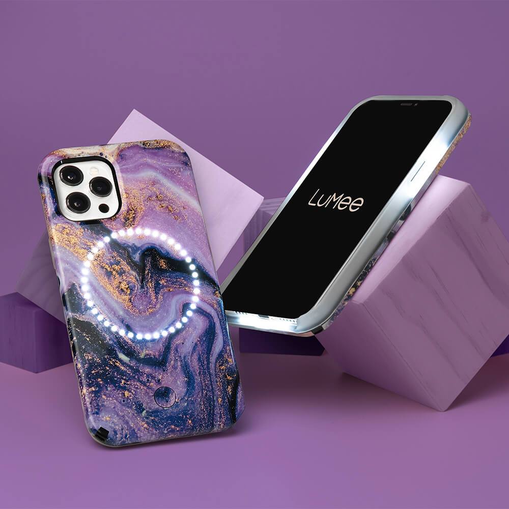 LuMee purple glitter case propped up on purple blocks. color::Gold Glitter Purple Marble