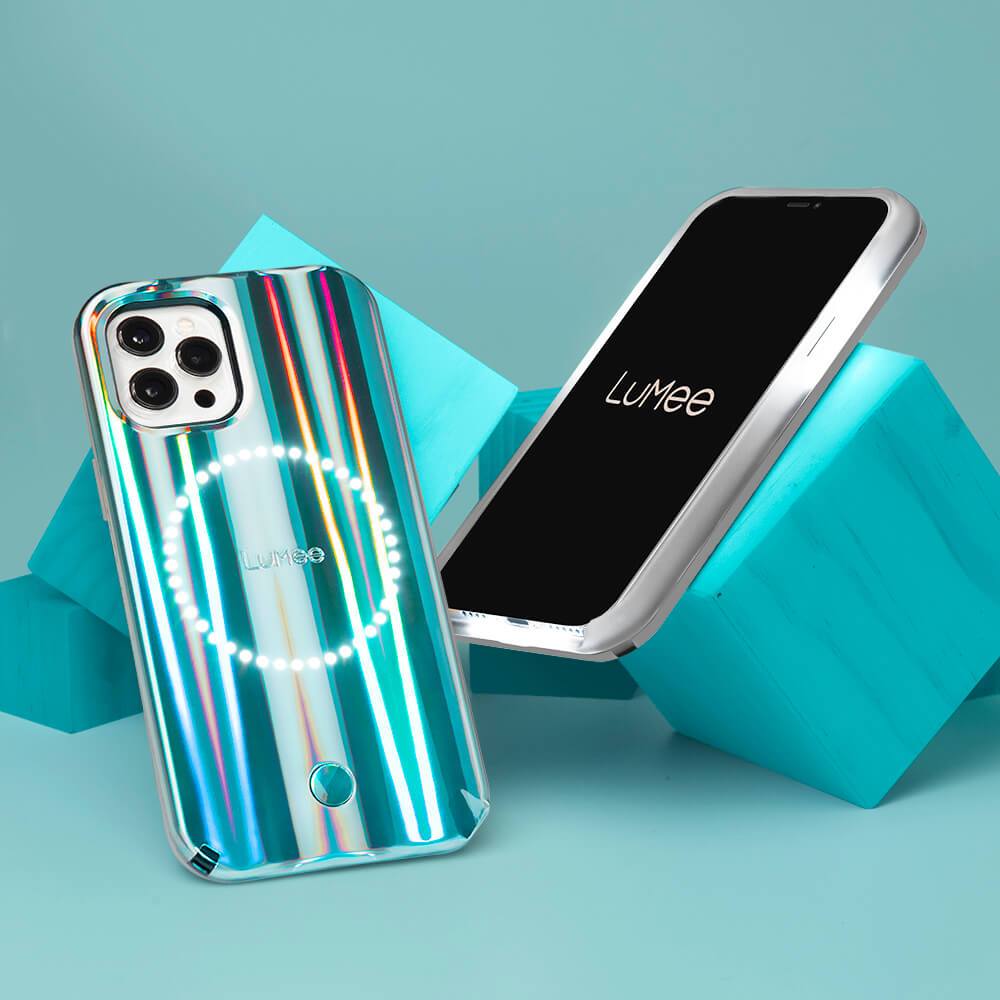 LuMee Holographic Halo propped up on tel cubes. color::Holographic