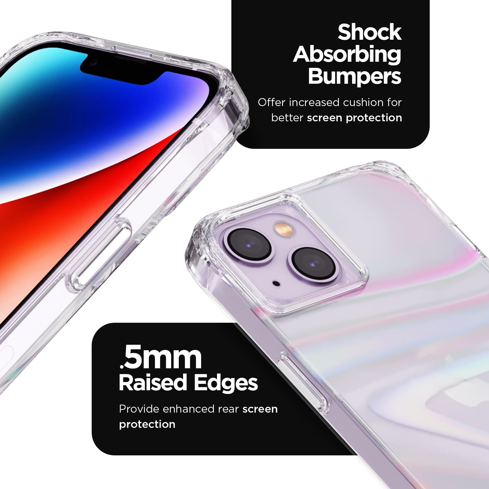 SHOCK ABSORBING BUMPERS OFFER INCREASED CUSHION FOR BETTER SCREEN PROTECTION. .5MM RAISED EDGES. PROVIDE ENHANCE REAR SCREEN PROTECTION