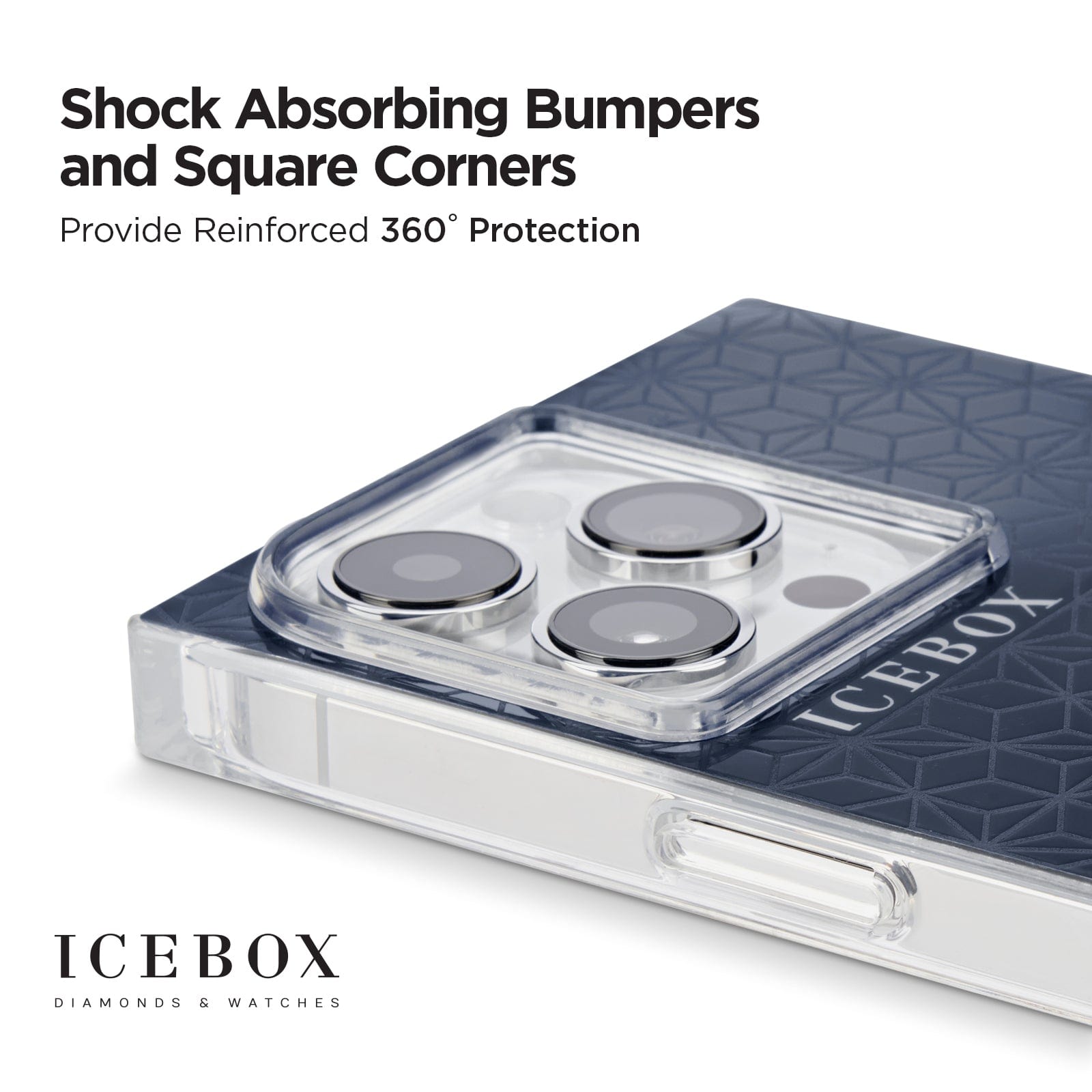 SHOCK ABSORBING BUMPERS AND SQUARE CORNERS PROVIDES REINFORCED 360 DEGREE PROTECTION