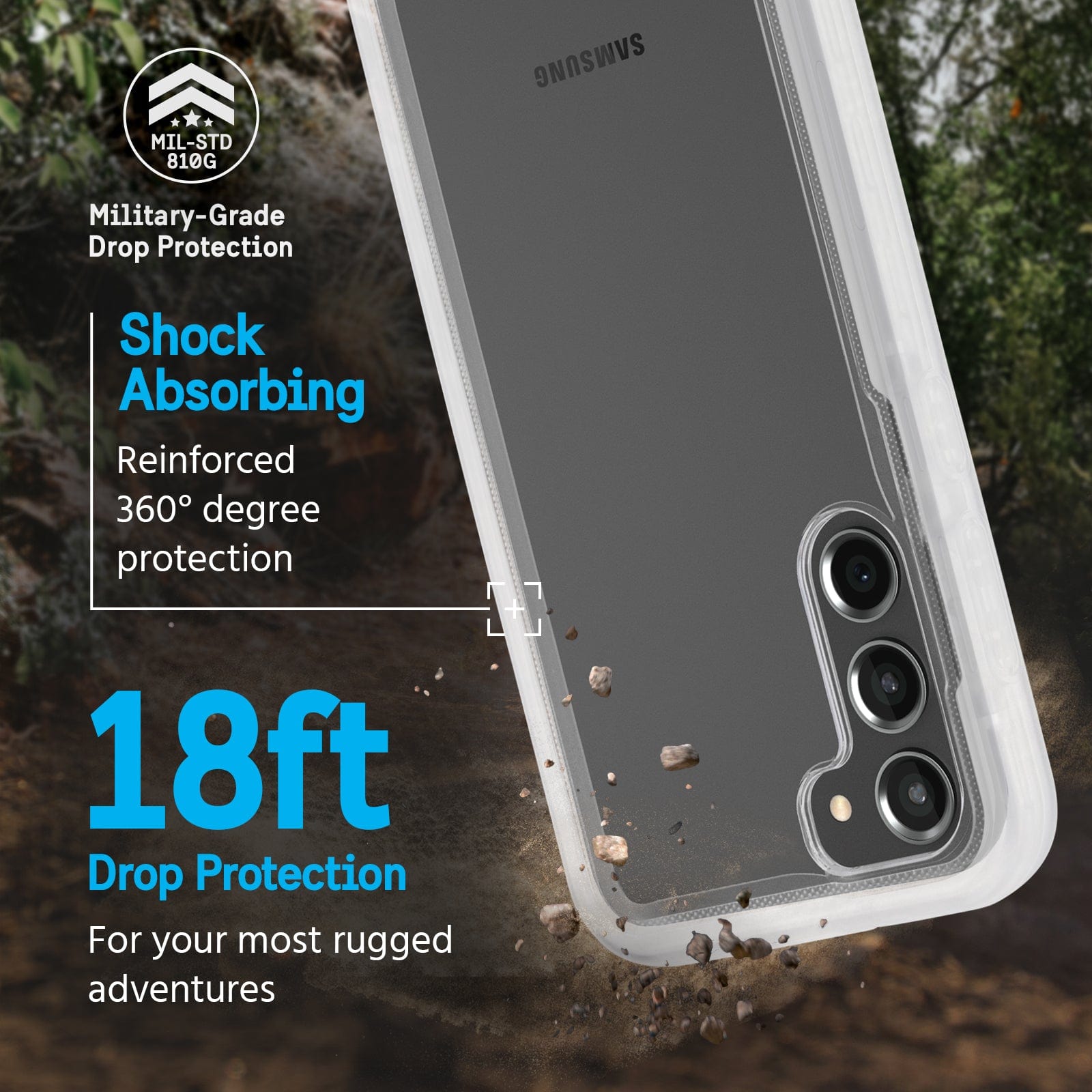 MILITARY GRADE DROP PROTECTION. SHOCK ABSORBING REINFORCED 360 DEGREE PROTECTION. 18FT DROP PROTECTION FOR YOUR MOST RUGGED ADVENTURES.