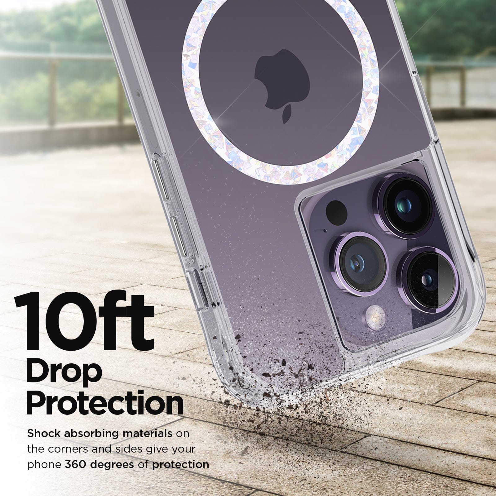 10FT DROP PROTECTION. SHOCK ABSORBING MATERIALS ON THE CORNERS AND SIDES GIVE YOUR PHONE 360 DEGREES OF PROTECTION.