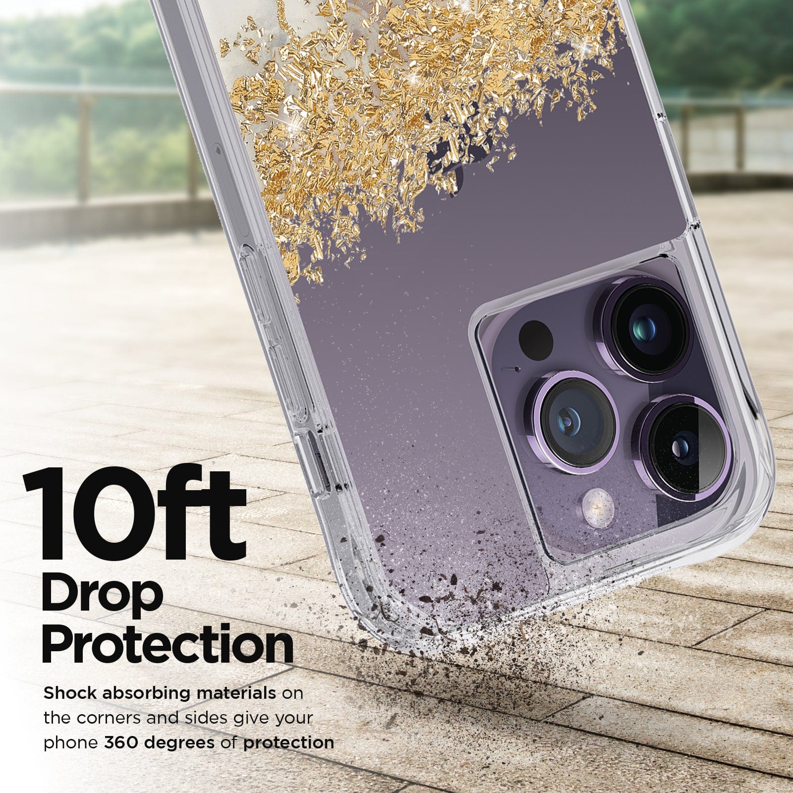 10FT DROP PROTECTION. SHOCK ABSORBING MATERIALS ONT HE CORNERS AND SIDES GIVE YOUR PHONE 260 DEGREES OF PROTECTION.