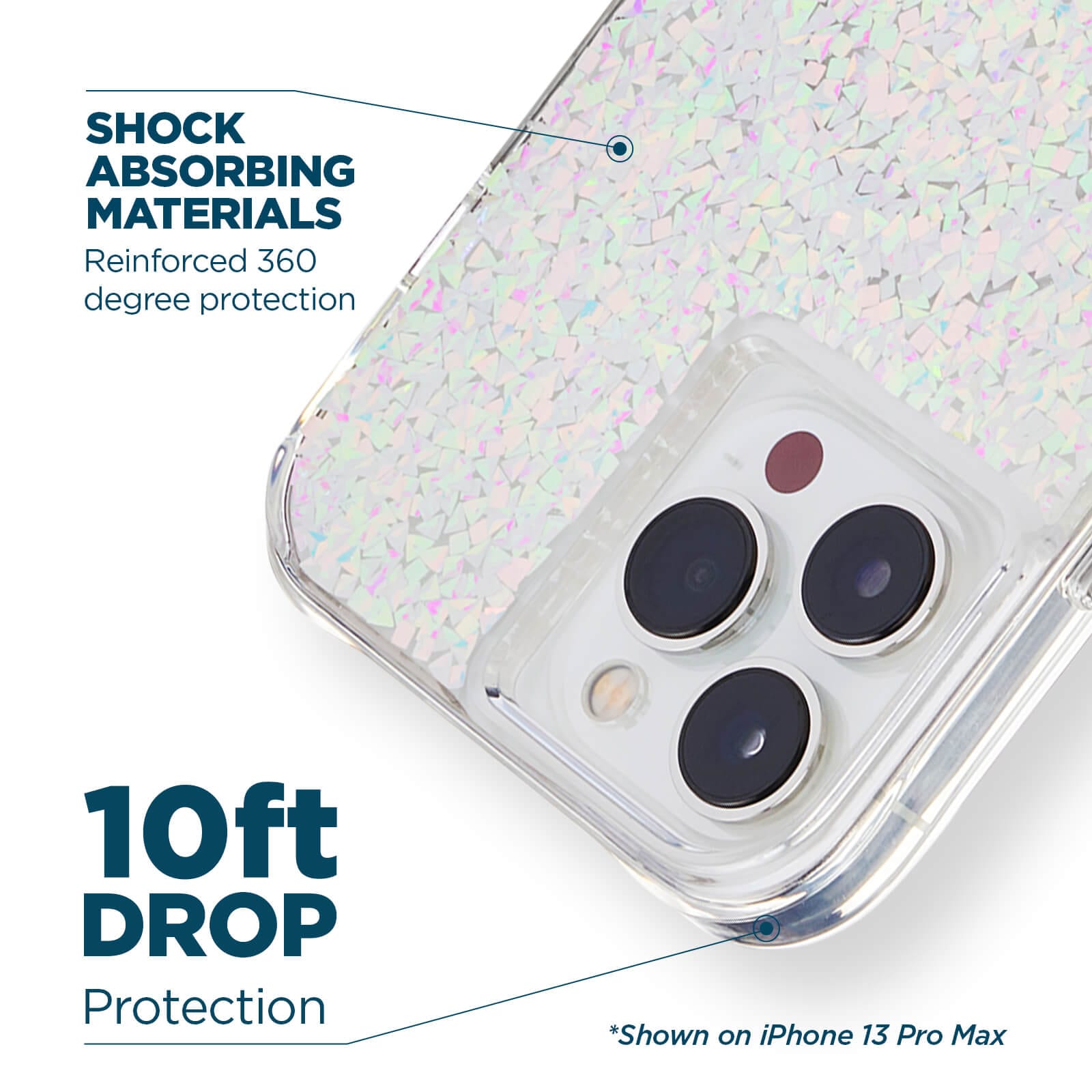 Shock absorbing materials reinforced 360 degree protection. 10 ft drop protection. Shown on iPhone 13 Pro Max. color::Twinkle Diamond