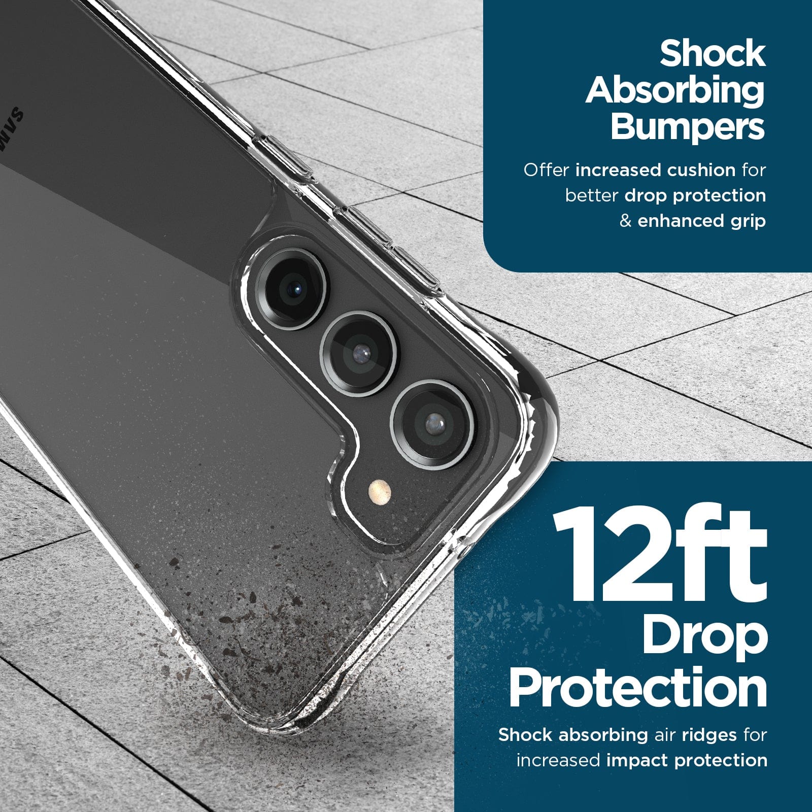 SHOCK ABSORBING BUMPERS. OFFER INCREASED CUSHION FOR BETTER DROP PROTECTION & ENHANCED GRIP. 12FT DROP PROTECTION. SHOCK ABSORBING AIR RIDGES FOR INCREASED IMPACT PROTECTION.
