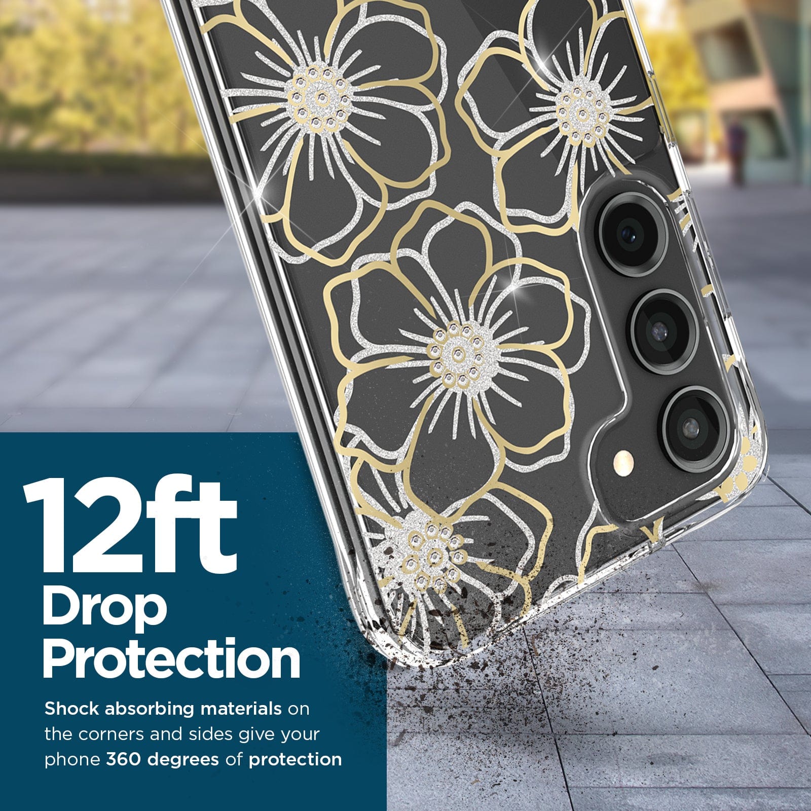 12 FOOT DROP PROTECTION. SHOCK ABSORBING MATERIALS ONT HE CORNERS AND SIDES GIVE YOUR PHONE 360 DEGREES OF PROTECTION