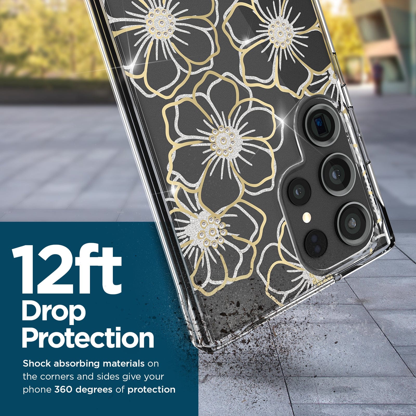 12 FOOT DROP PROTECTION. SHOCK ABSORBING MATERIALS ONT HE CORNERS AND SIDES GIVE YOUR PHONE 360 DEGREES OF PROTECTION