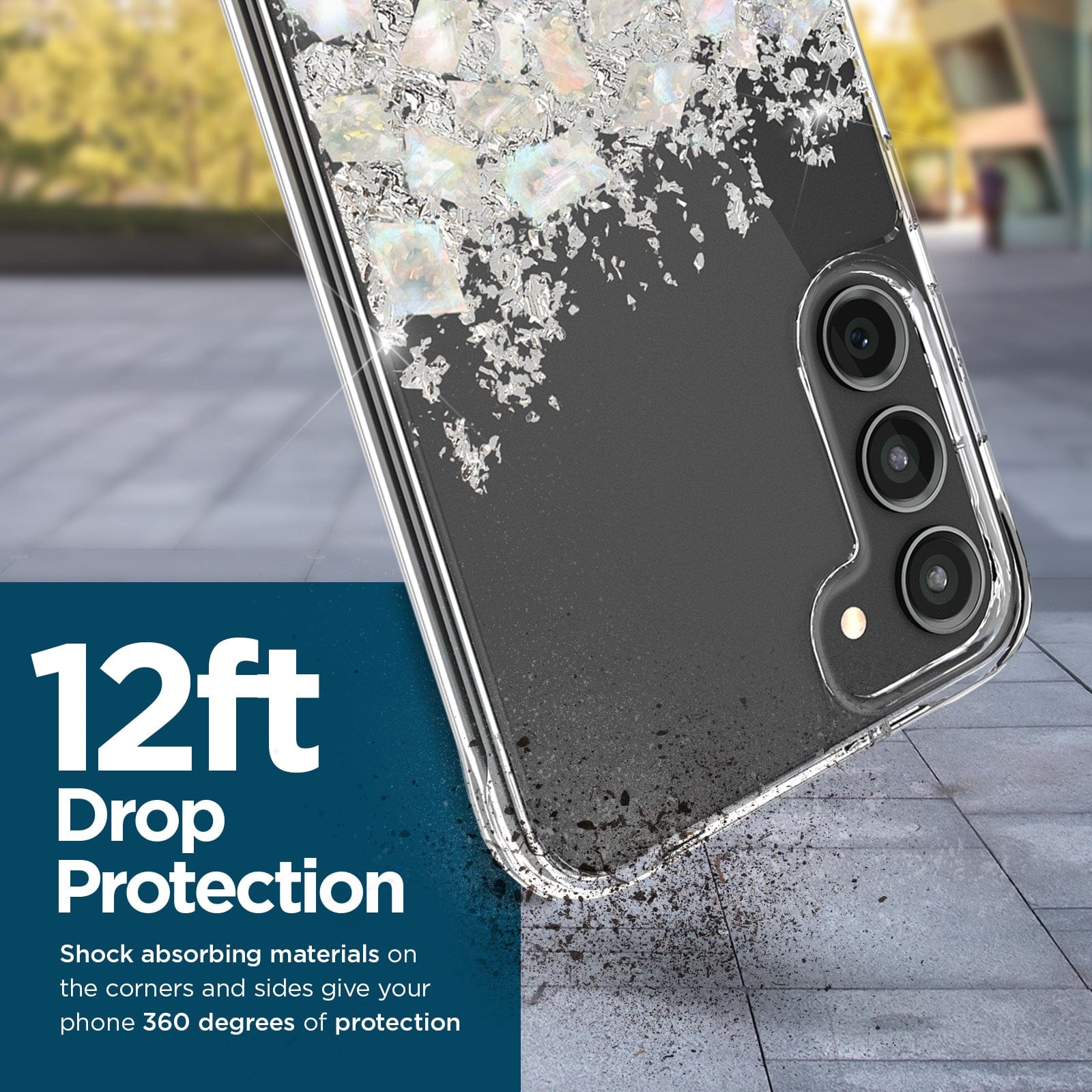 12ft DROP PROTECTION. SHOCK ABSORBING MATERIALS ON THE CORNERS AND SIDES GIVE YOUR PHONE 360 DEGREES OF PROTECTION.