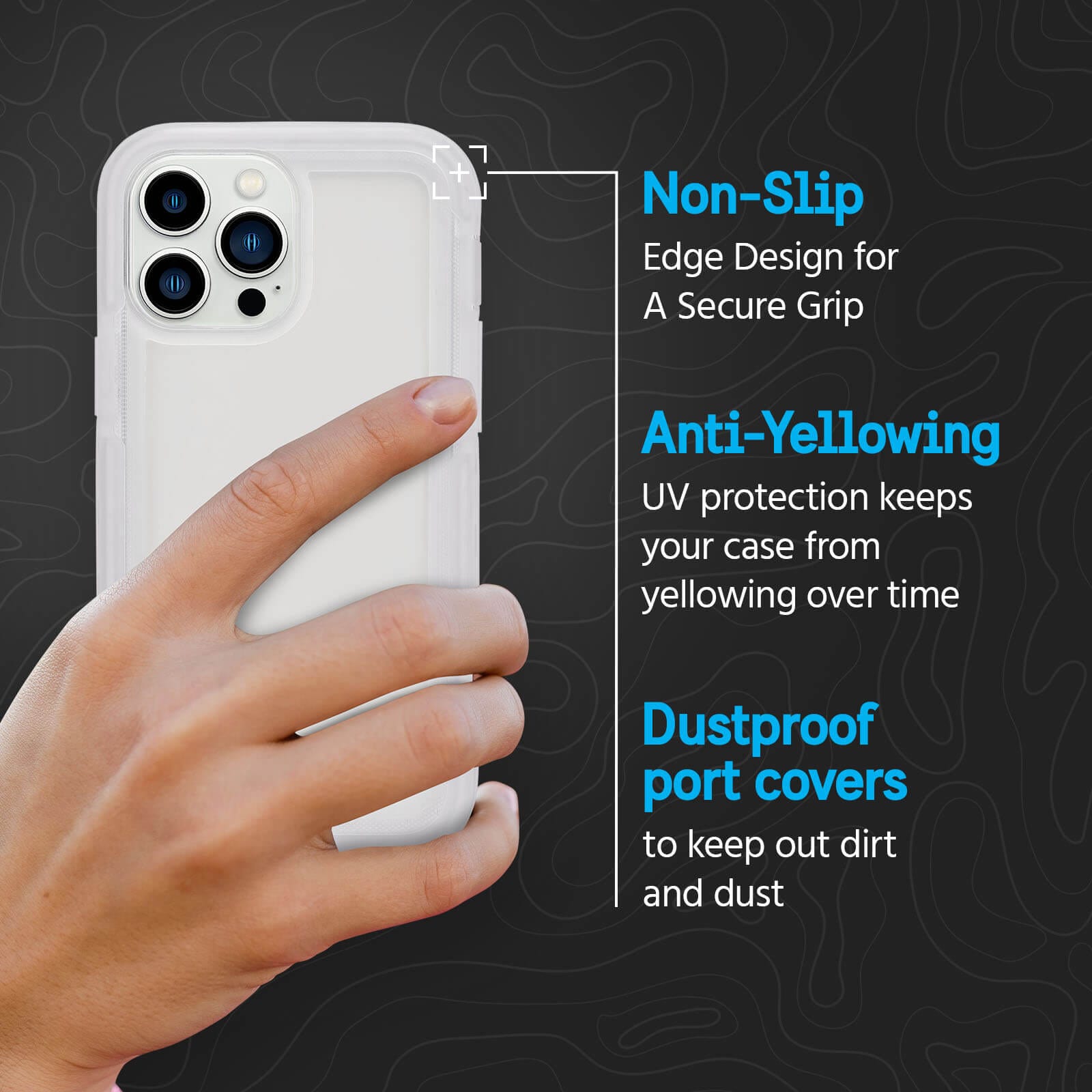 Non-slip edge design for a secure grip. Anti-yellowing UV protection keeps your case from yellowing over time. Dustproof port covers to keep out dirt and dust. color::Clear