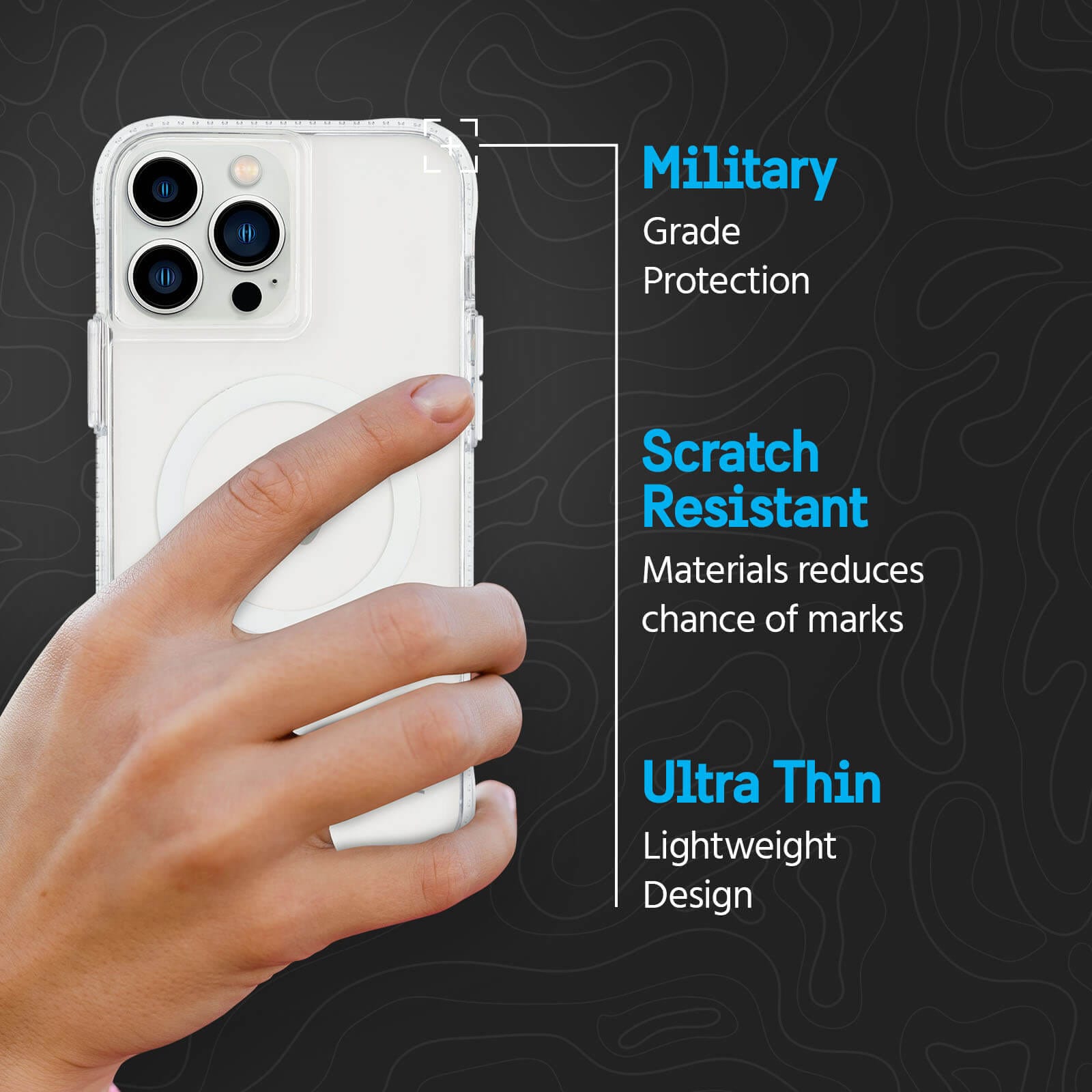 Military Grade Protection. Scratch Resistant materials reduces chance of marks. Ultra thin lightweight design. color::clear