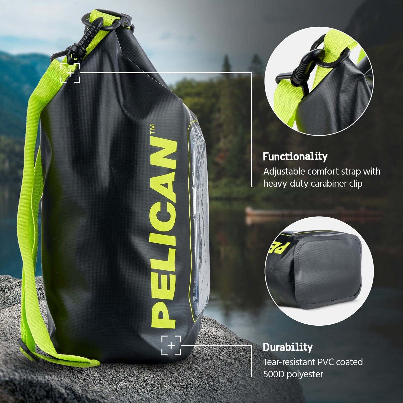 FUNTIONALITY - ADJUSTABLE COMFORT STRAP WITH HEAVY DUTY CARABINER CLIP. DURABILITY - TEAR RESISTANT 500D POLYESTER.