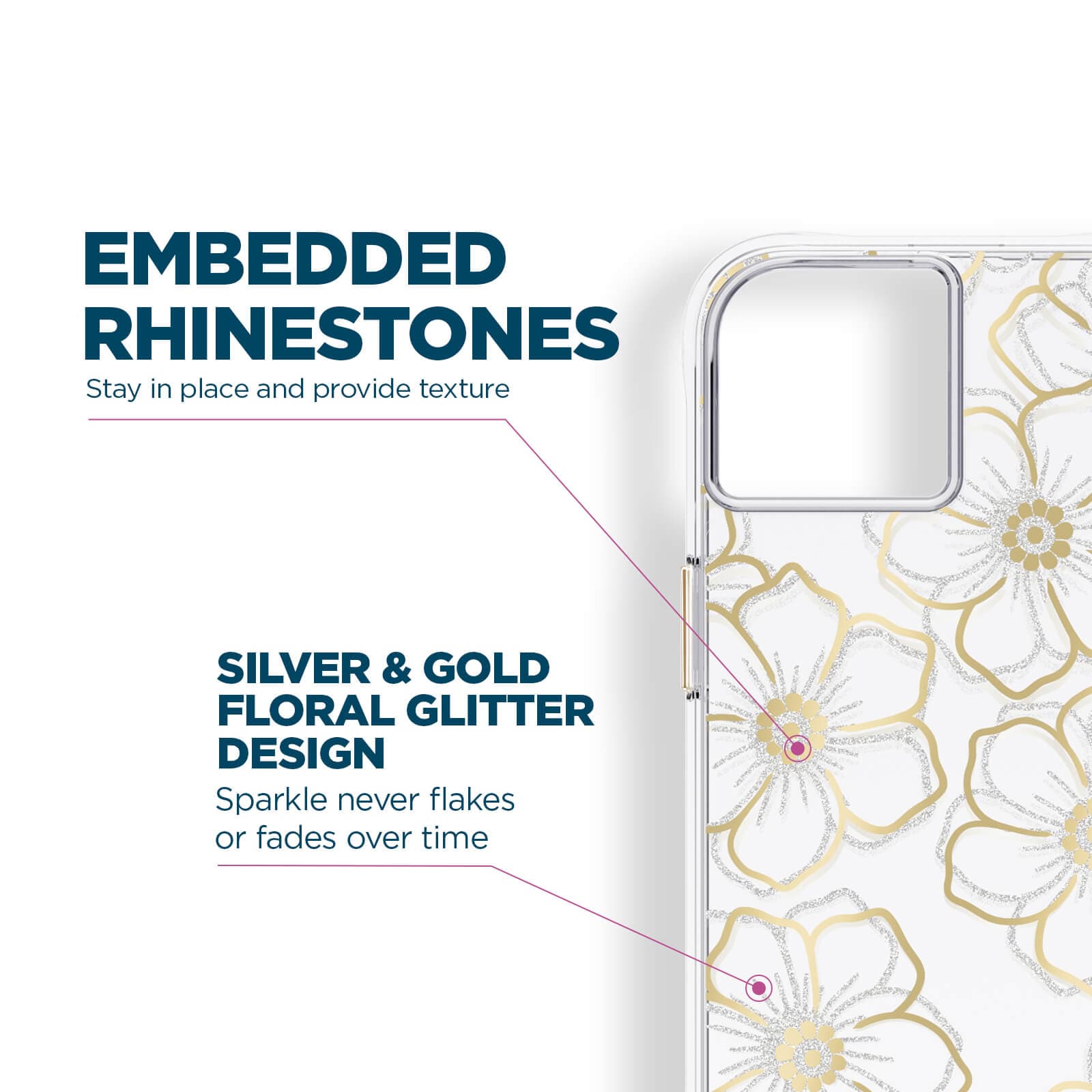 Embedded rhinestones stay in place and provide texture. Silver & Gold Floral Glitter Design. Sparkle never flakes or fades over time. color::Floral Gems