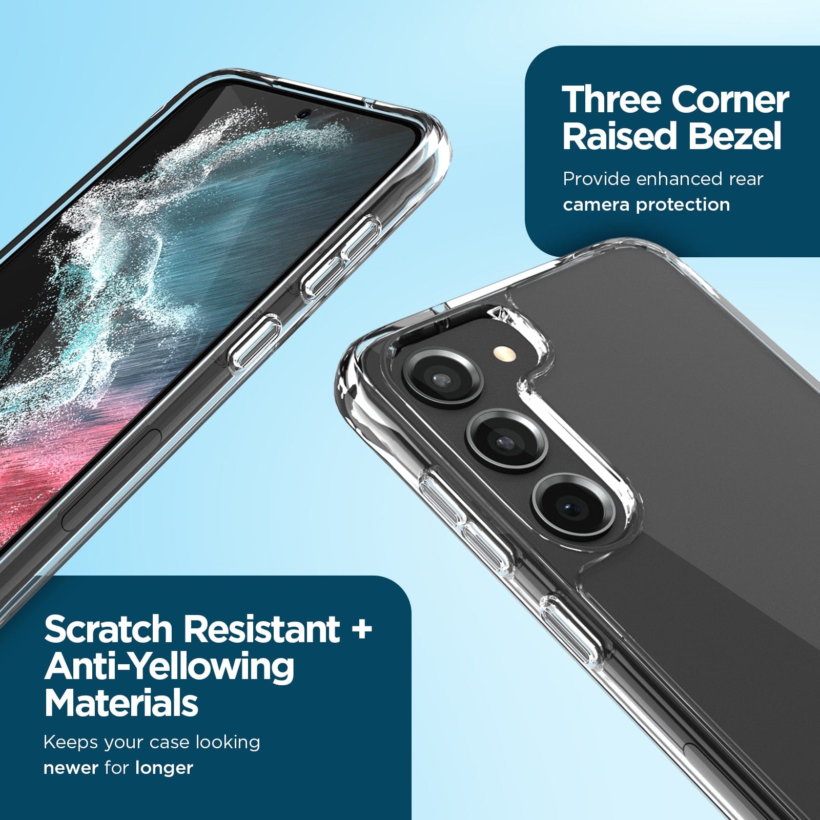 THREE CORNER RAISED BEZEL. PROVIDE ENHANCED REAR CAMERA PROTECTION. SCRATCH RESISTANT + ANTI-YELLOWING MATERIALS. KEEPS YOUR CASE LOOKING NEWER FOR LONGER.
