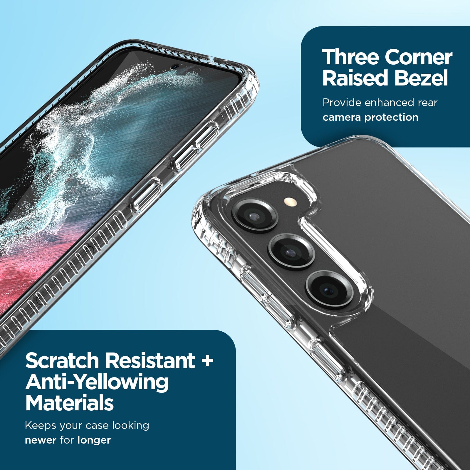 THREE CORNER RAISED BEZEL. PROVIDE ENHANCED REAR CAMERA PROTECTION. SCRATCH RESISTANT + ANTI-YELLOWING MATERIALS. KEEPS YOUR CASE LOOKING NEWER FOR LONGER.