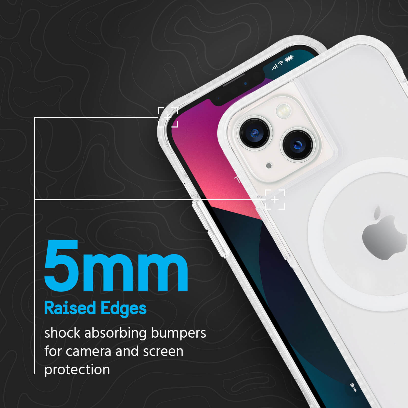5mm Raised Edges shock absorbing bumpers for camera and screen protection. color::Clear