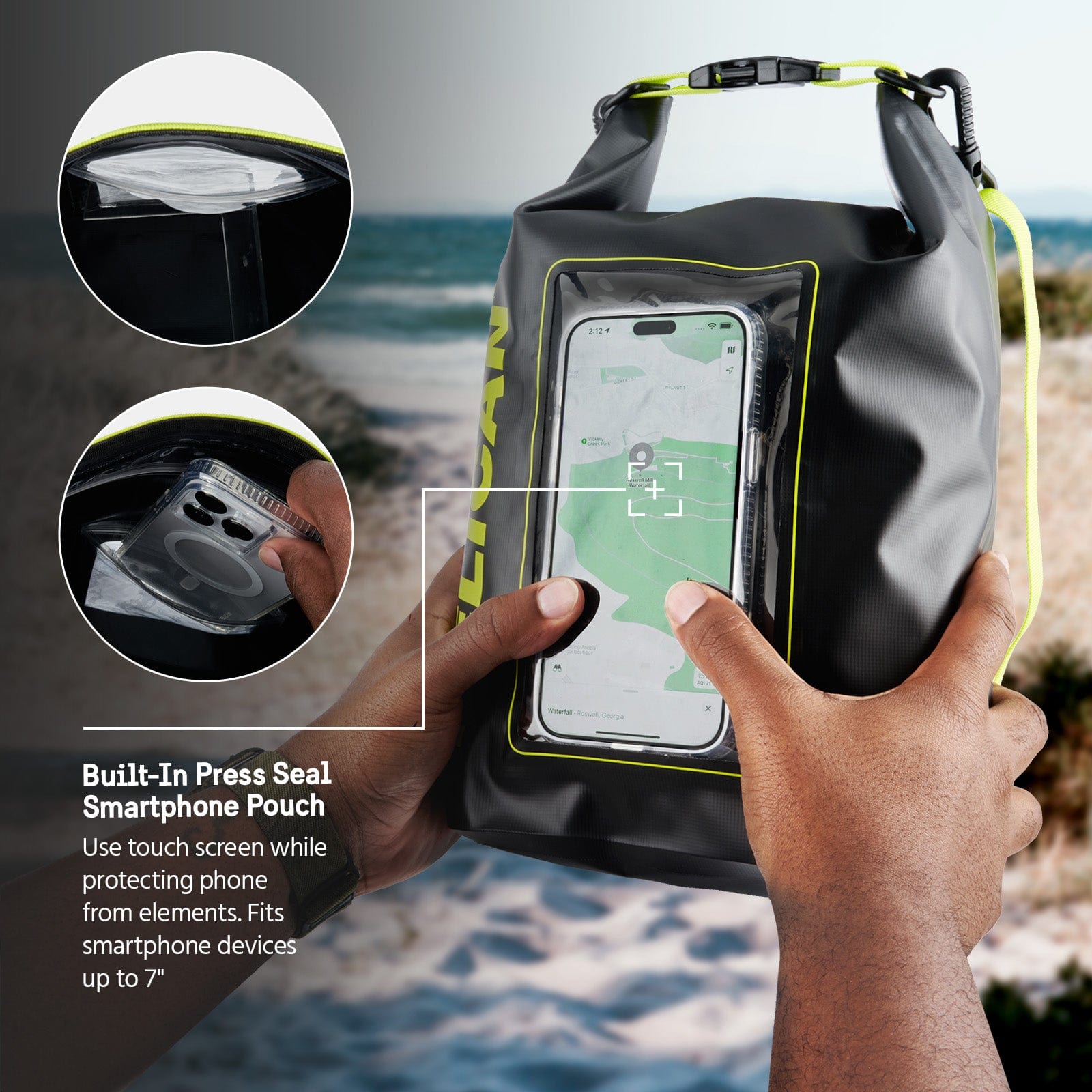 BUILT-IN PRESS SEAL SMARTPHONE POUCH. USE TOUCH SCREEN WHILE PROTECTING THE PHONE FROM ELEMENTS. FITS SMARTPHONE DEVICES UP TO 7"