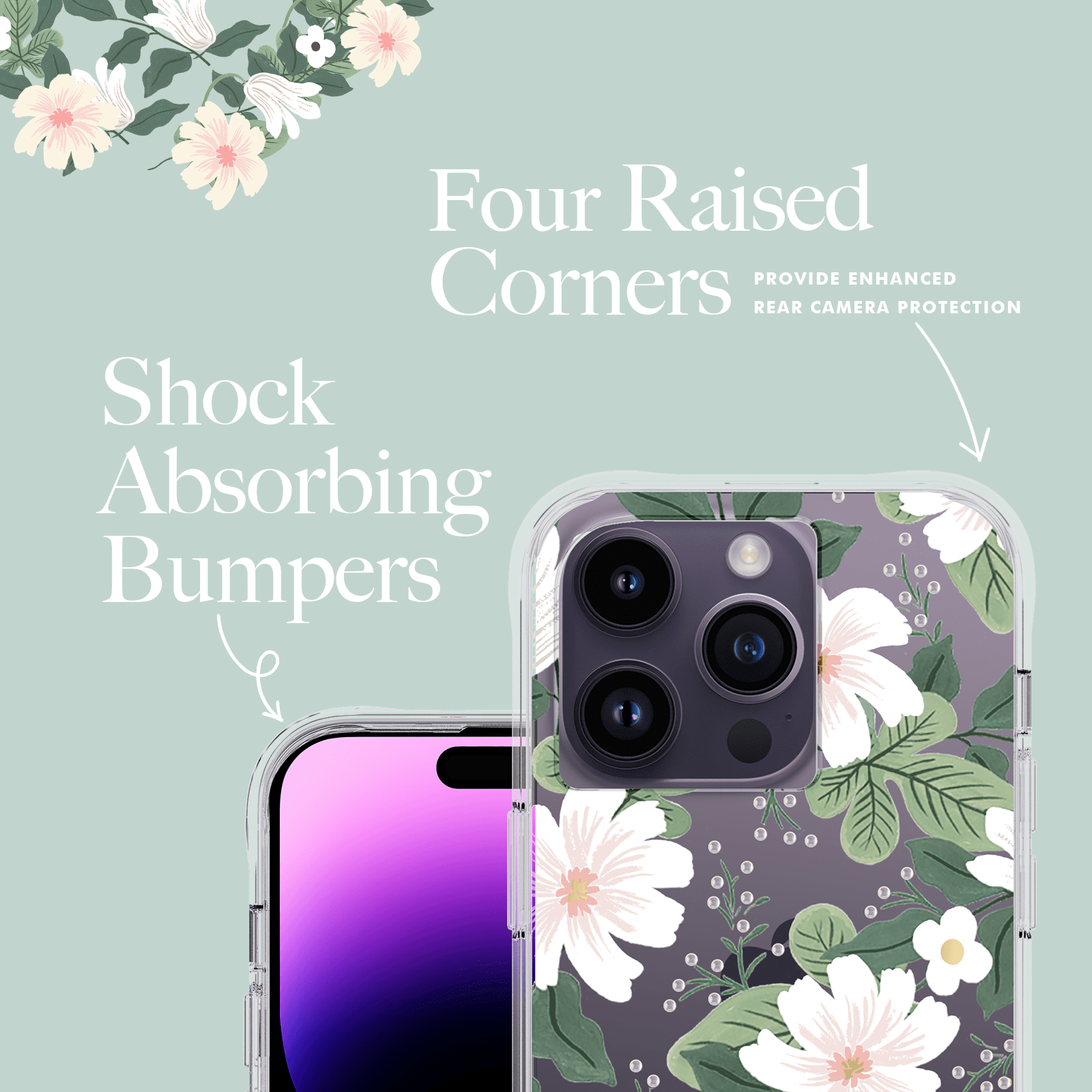Four raised corners provide enhanced rear camera protection. Shock absorbing bumpers