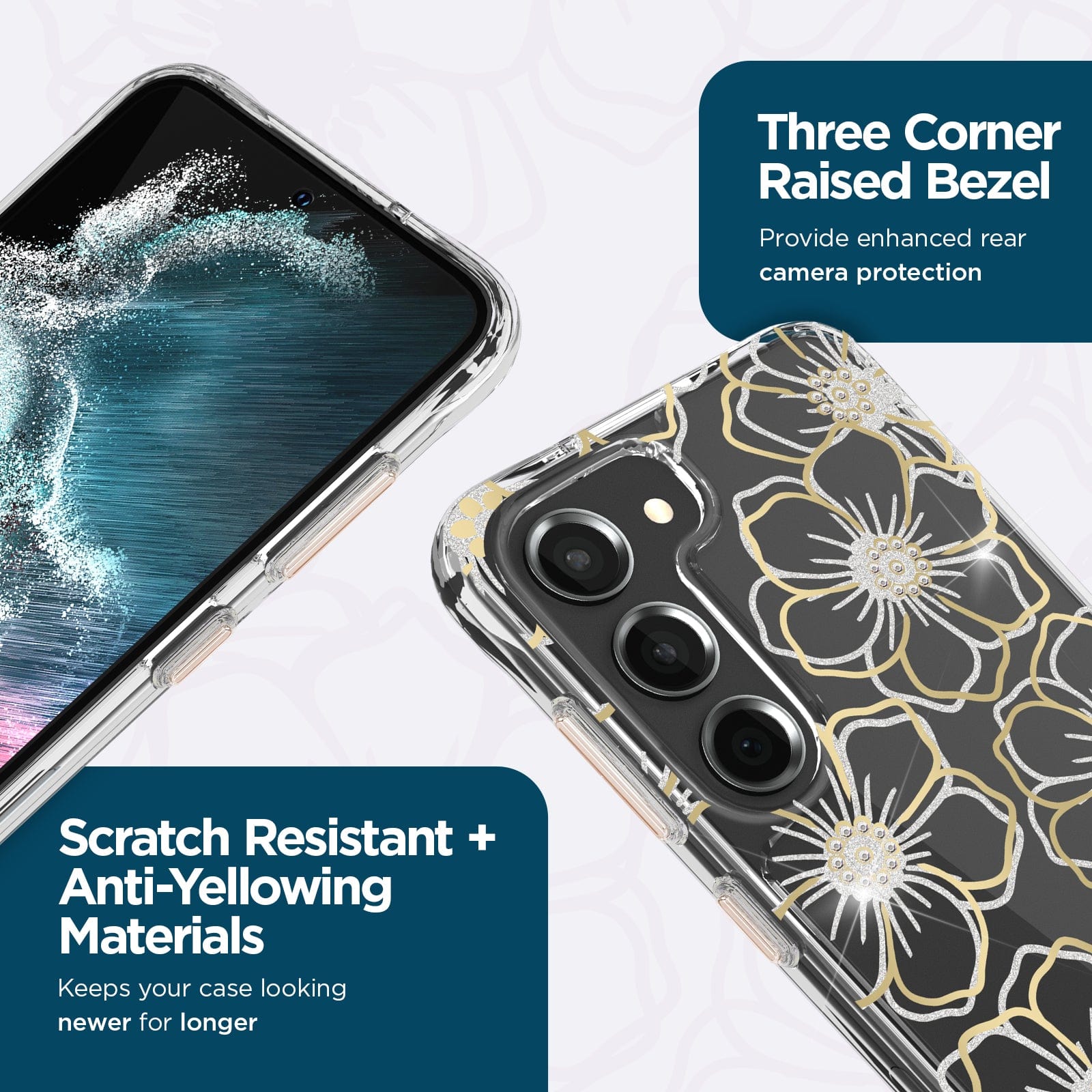 THREE CORNER RAISED BEZEL. PROVIDE ENHANCED REAR CAMERA PROTECTION. SCRATCH RESISTANT + ANTI-YELLOWING MATERIALS. KEEPS YOUR CASE LOOKING NEWER FOR LONGER. 