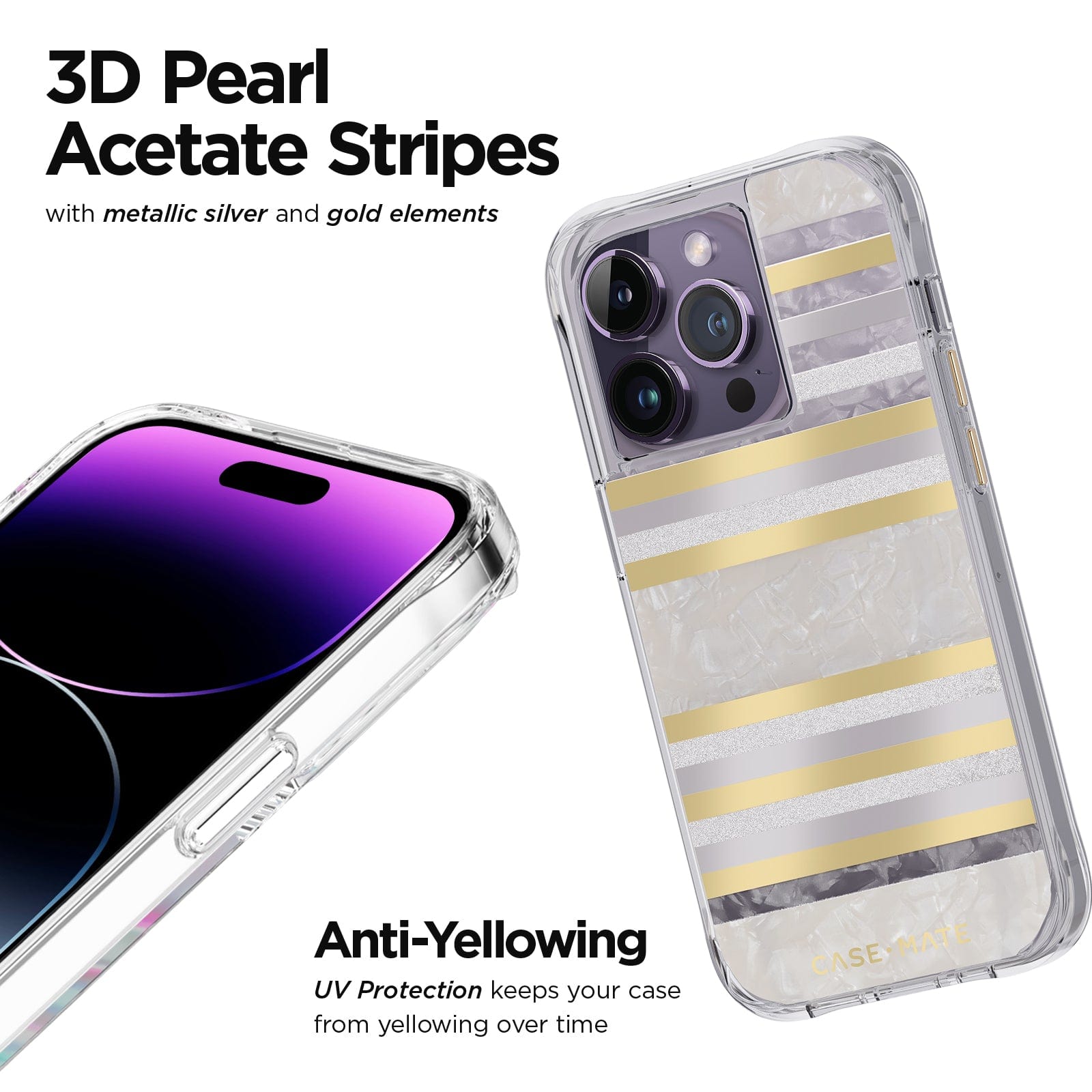 3D PEARL ACETATE STRIPES WITH METALLIC SILVER AND GOLD ELEMENTS. ANTI-YELLOWING UV PROTECTION KEEPS YOUR CASE FROM YELLOWING OVER TIME.