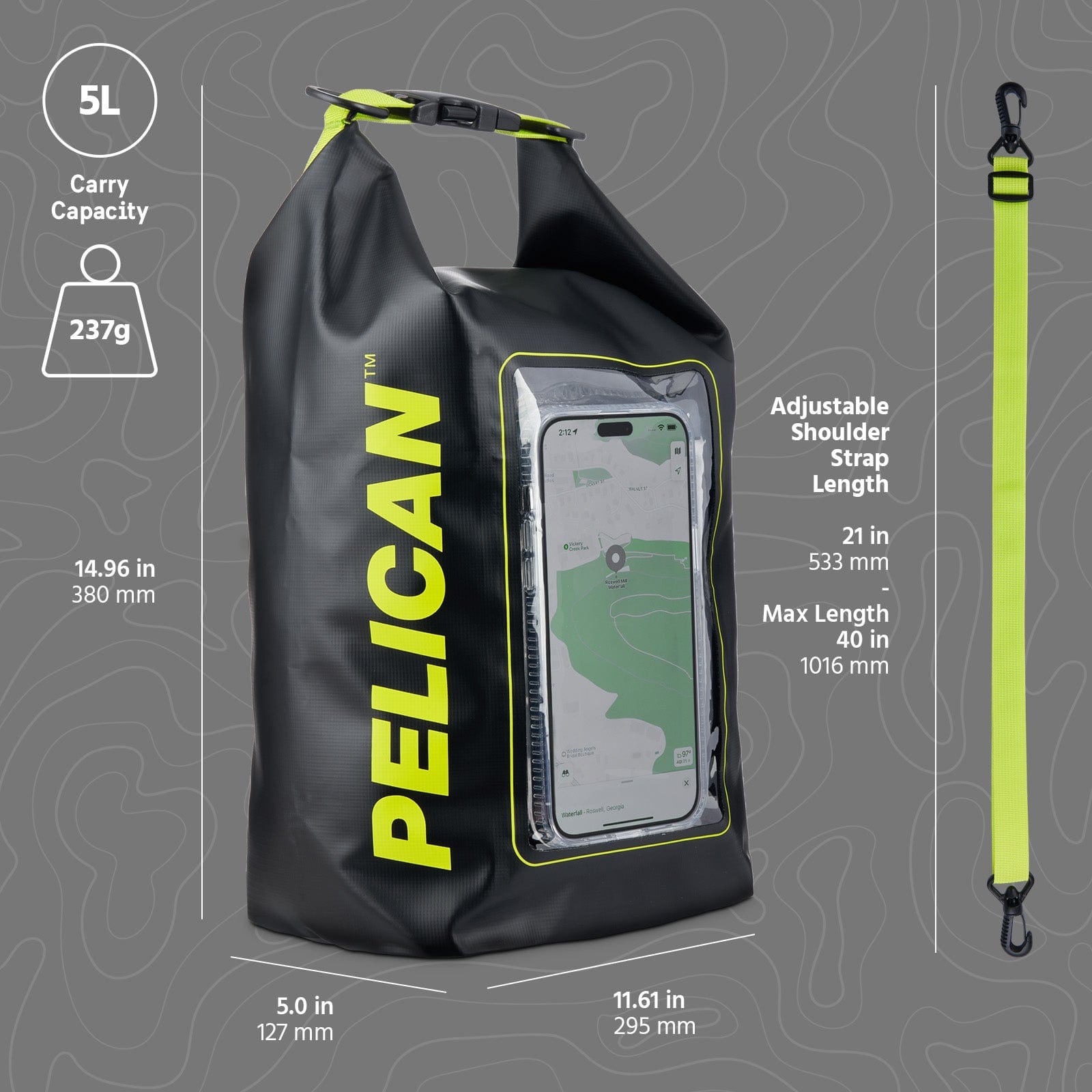 5L CARRY CAPACITY, 237G. DRY BAG MEASUREMENTS: 14.96" X 11.61" X 5.0" ADJUSTABLE SHOULDER STRAP LENGTH: 21" / 533 MM, MAX LENGTH 40" / 1016 MM.
