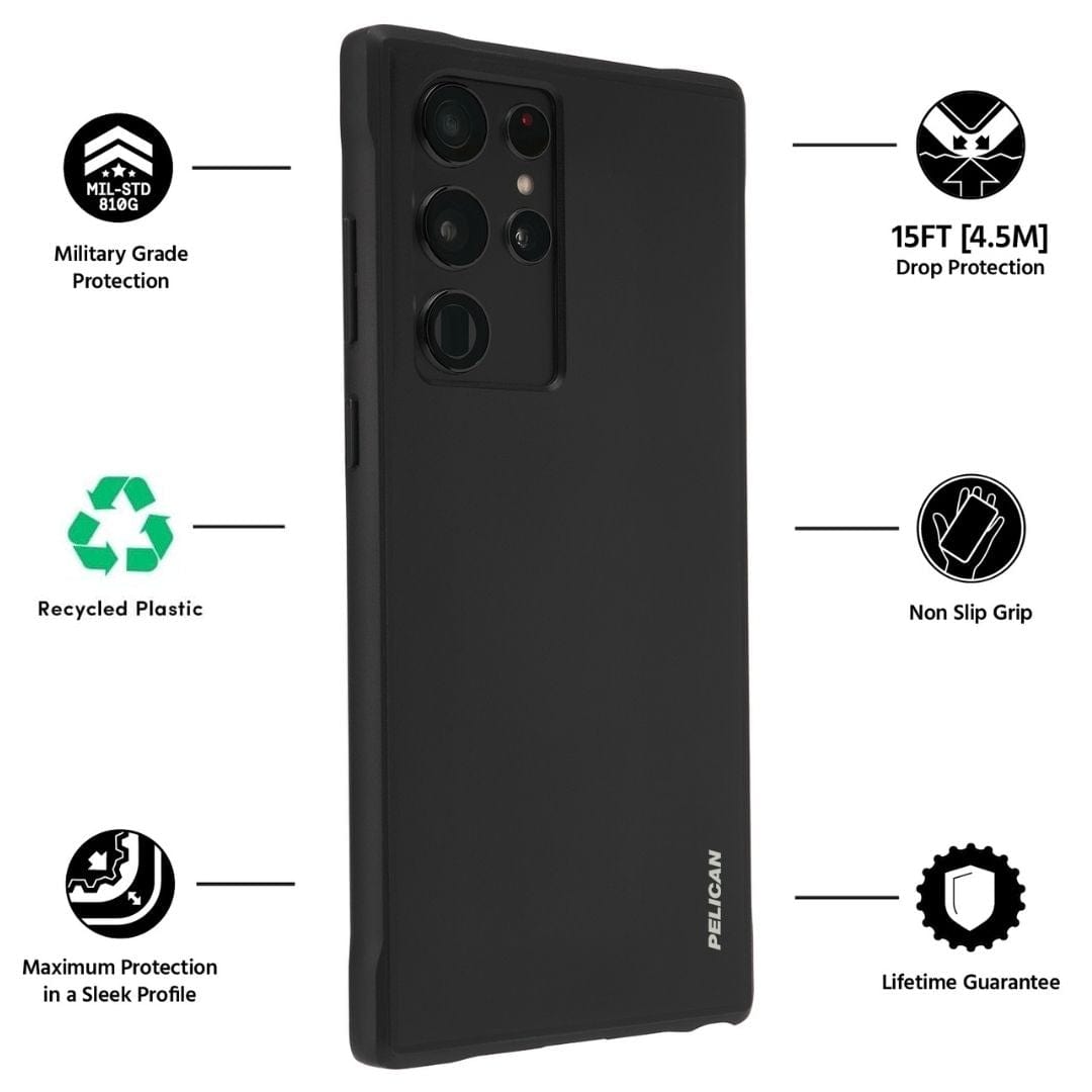 FEATURES: MILITARY GRADE PROTECTION, RECYCLED PLASTIC, MAXIMUM PROTECTION IN A SLEEK PROFILE, 15FT DROP PROTECTION, NON SLIP GRIP, LIFETIME GUARANTEE. COLOR::BLACK