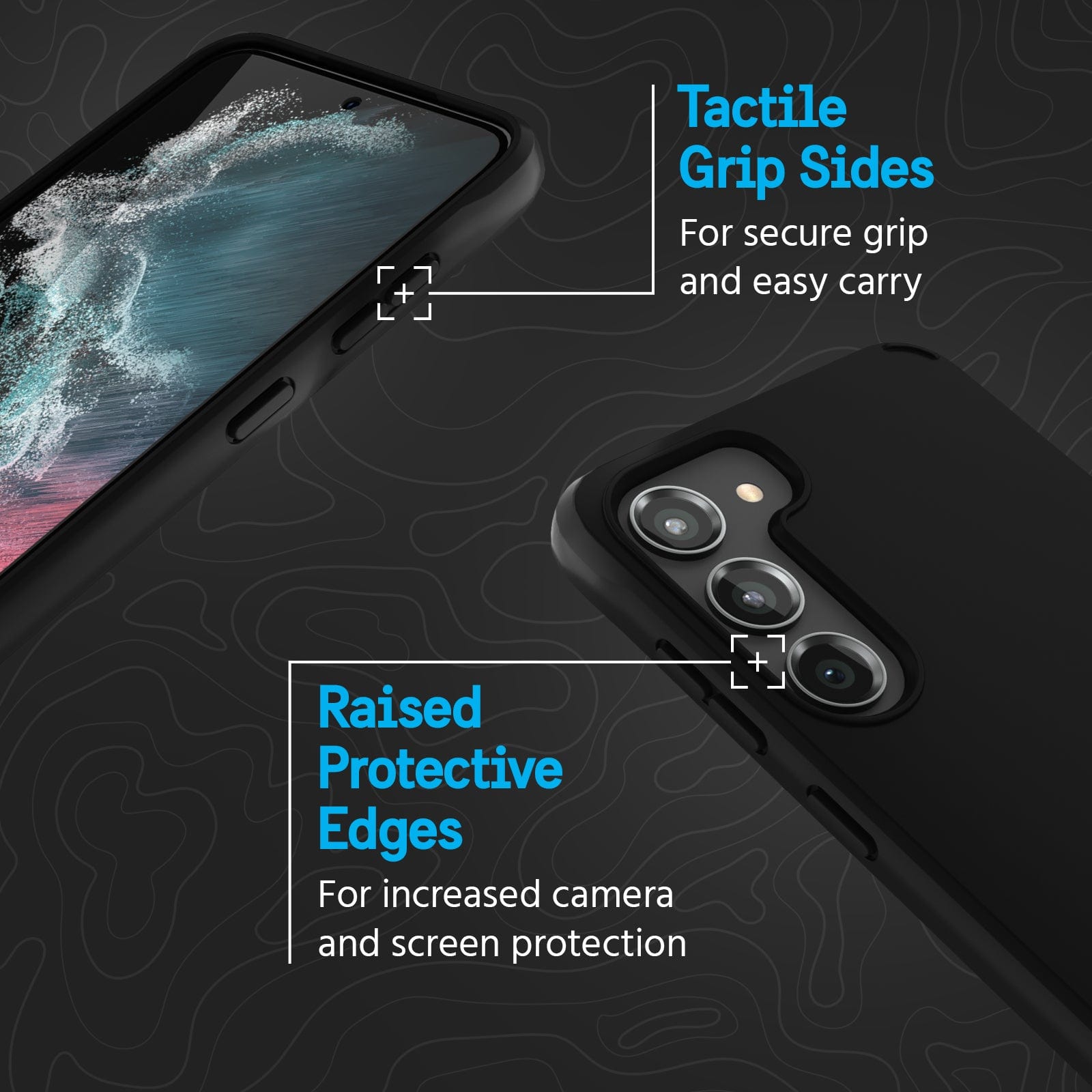 TACTILE GRIP SIDES. FOR SECURE GRIP AND EASY CARRY. RAISED PROTECTIVE EDGES FOR INCREASED CAMERA AND SCREEN PROTECTION