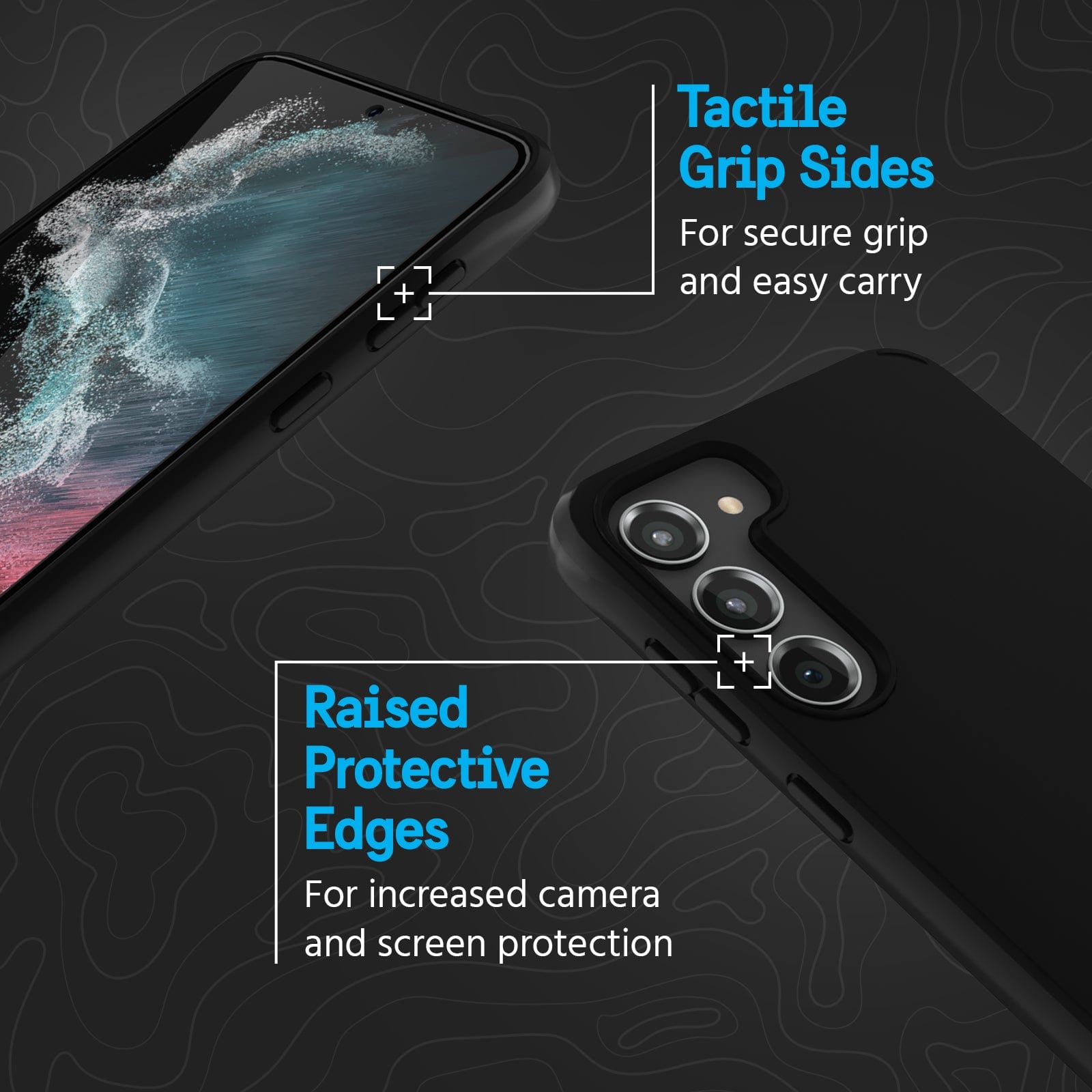 TACTILE GRIP SIDES. FOR SECURE GRIP AND EASY CARRY. RAISED PROTECTIVE EDGES FOR INCREASED CAMERA AND SCREEN PROTECTION