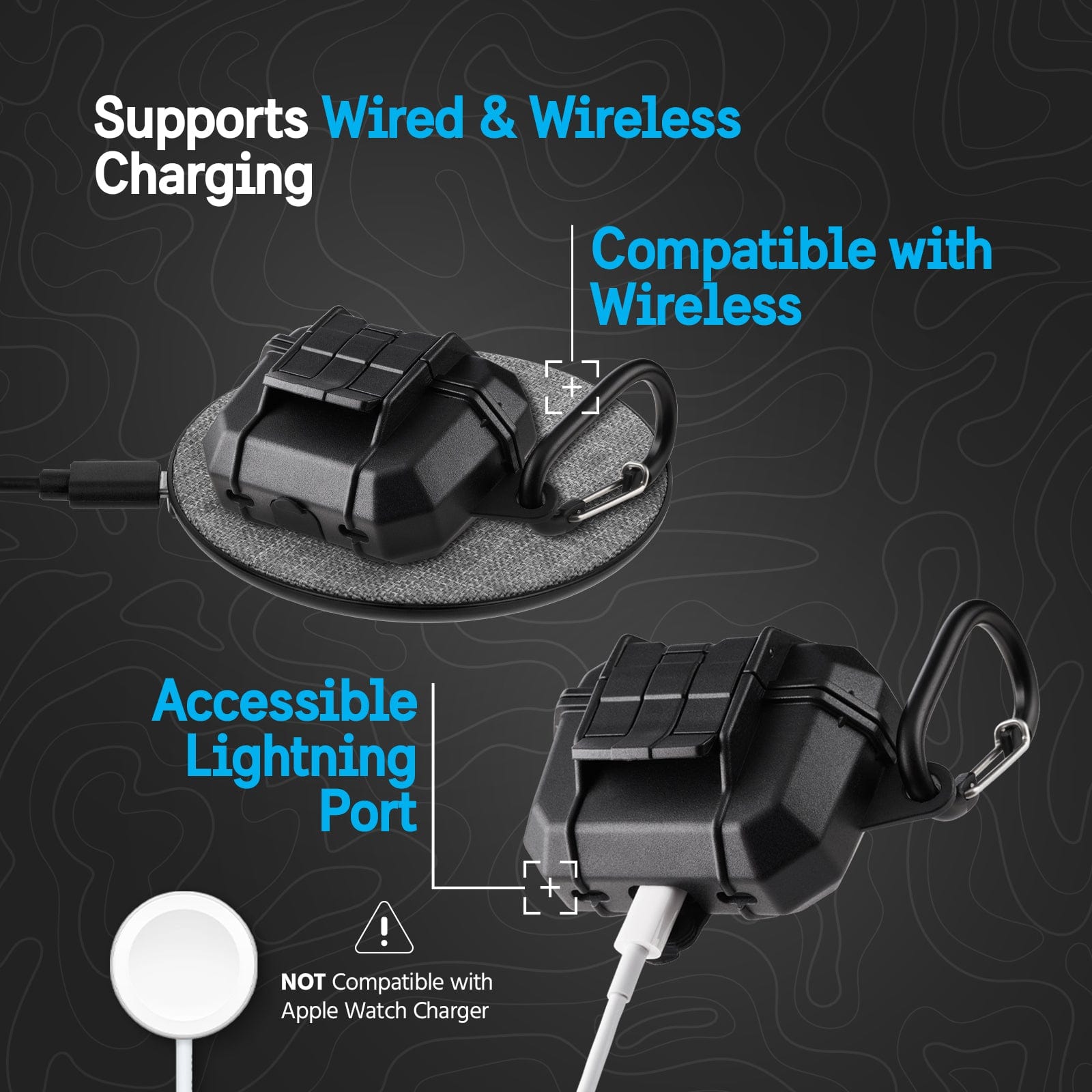 SUPPORTS WIRED AND WIRELESS CHARGING. COMPATIBLE WITH WIRELESS. ACCESSIBLE  LIGHTNING PORT. NOT COMPATIBLE WITH APPLE WATCH CHARGER