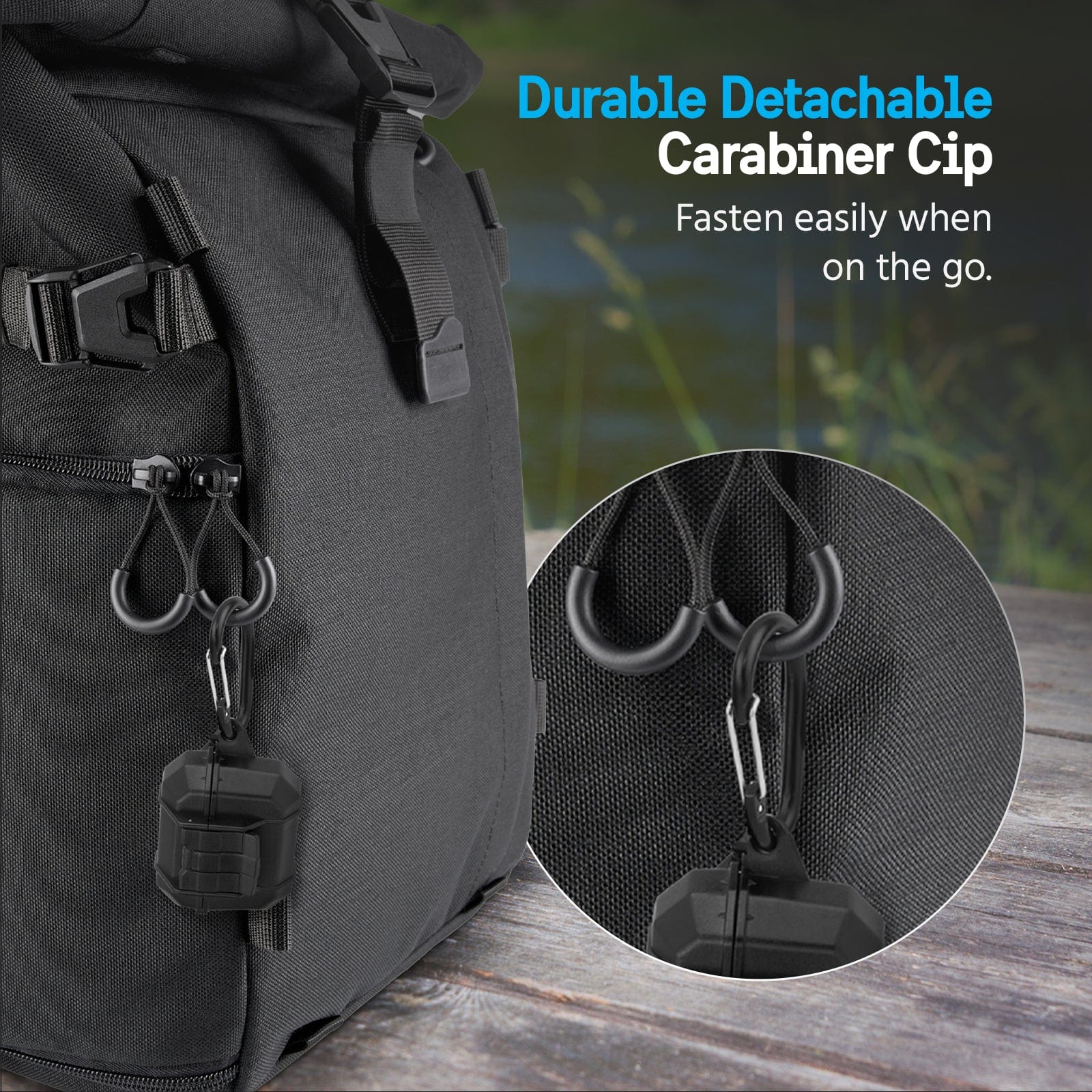 DURABLE DETACHABLE CARABINER CLIP. FASTEN EASILY WHEN ON THE GO