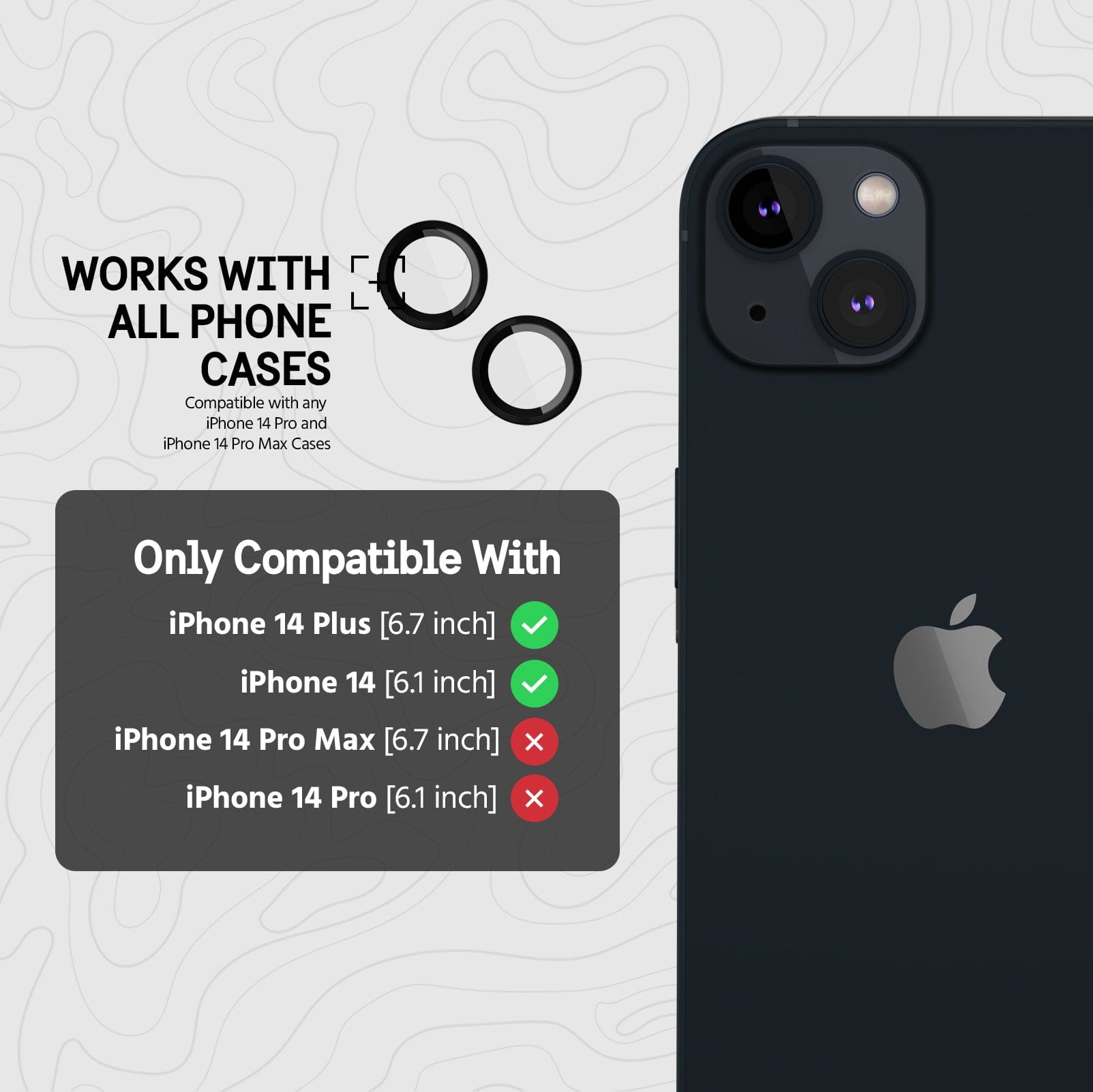 WORKS WITH ALL PHONE CASES. COMPATIBLE WITH ANY IPHONE 14 AND IPHONE 14 PLUS CASES.