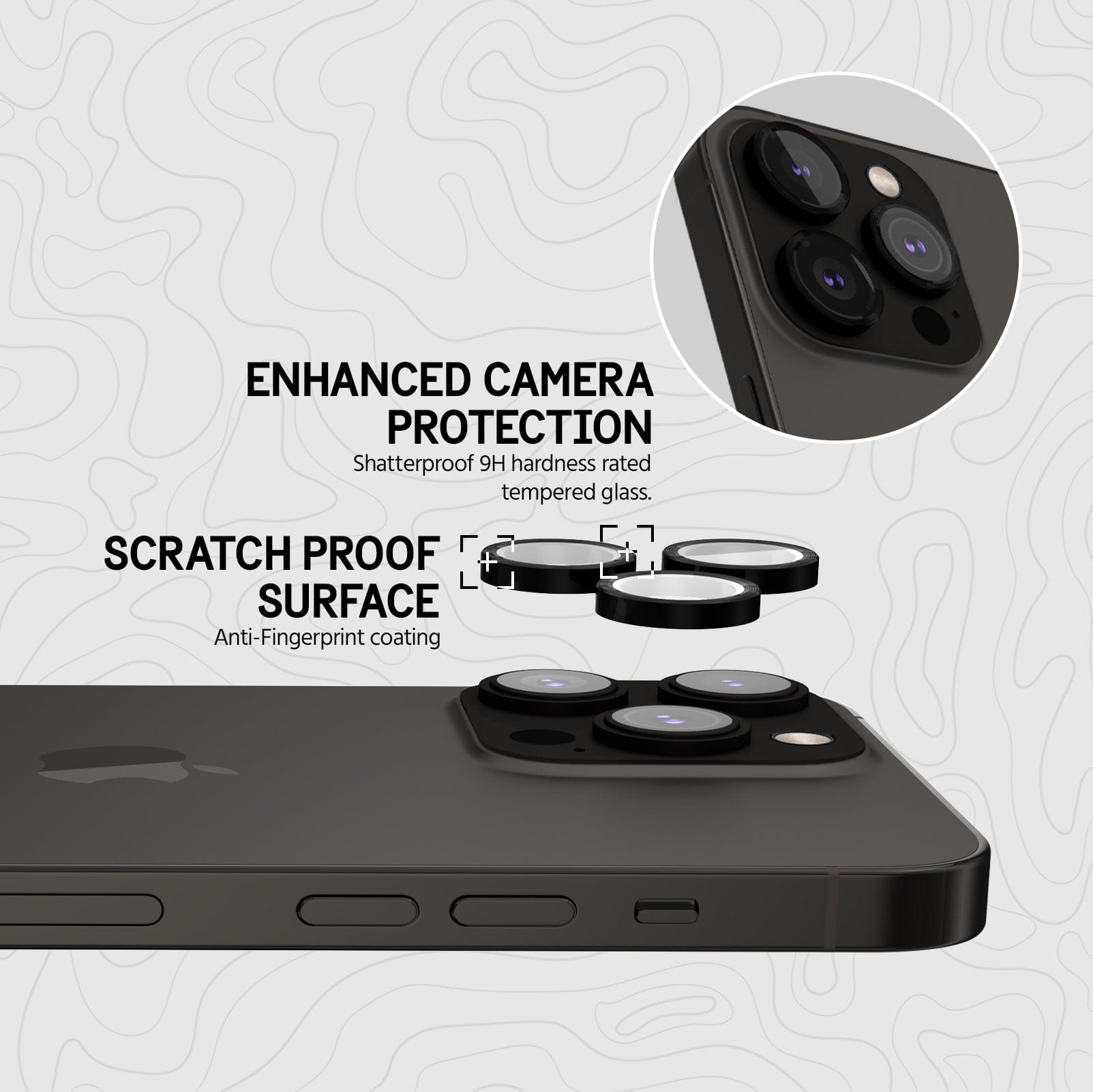 ENHANCED CAMERA PROTECTION: SHATTERPROOF 9H HARDNESS RATED TEMPERED GLASS. SCRATCH-PROOF SURFACE & ANTI-FINGERPRINT COATING