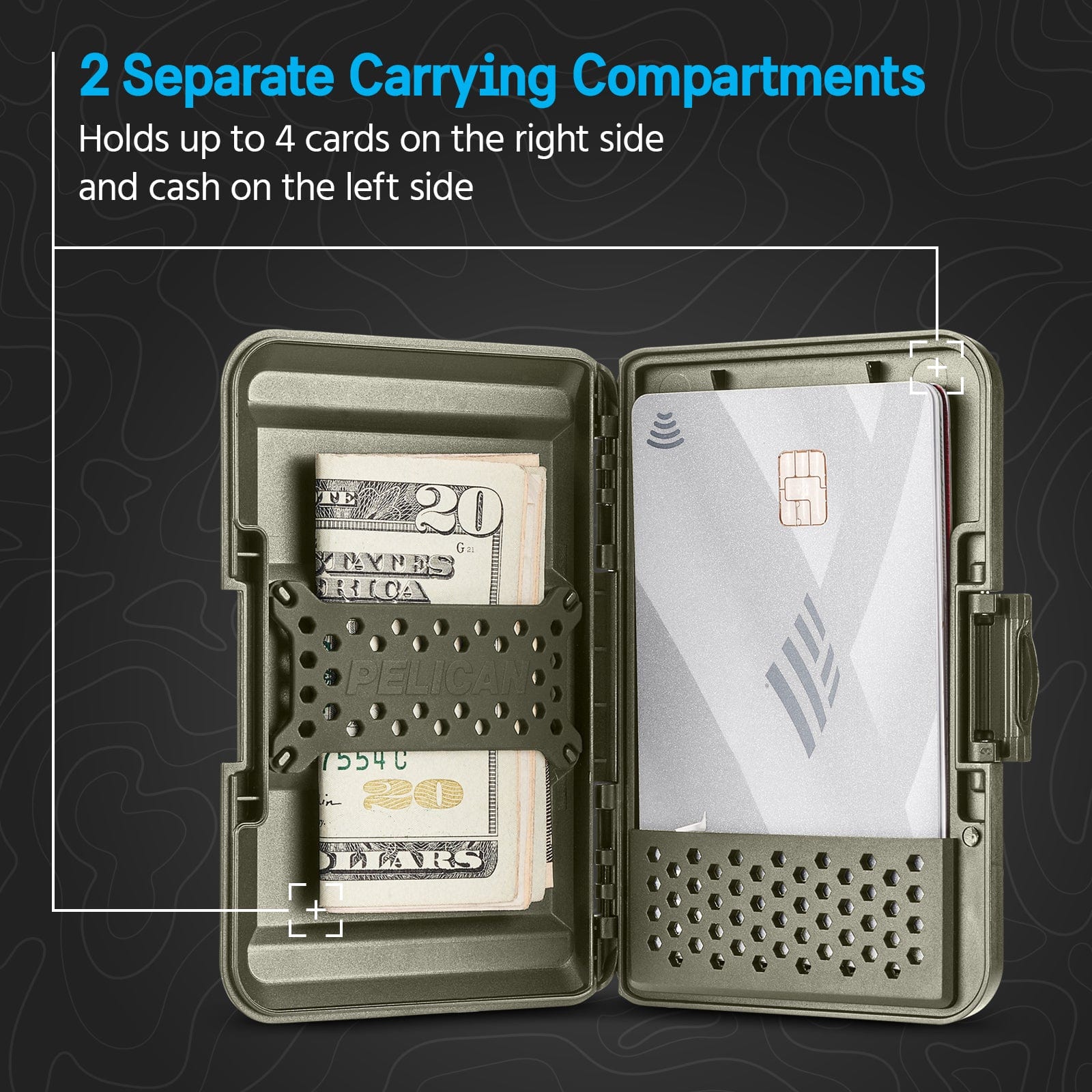 2 SEPARATE CARRYING COMPARTMENTS. HOLDS UP TO 4 CARDS ON THE RIGHT SIDE AND CASH ON THE LEFT SIDE.