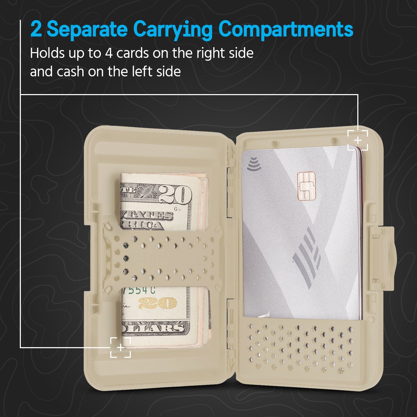 2 SEPARATE CARRYING COMPARTMENTS. HOLDS UP TO 4 CARDS ON THE RIGHT SIDE AND CASH ON THE LEFT SIDE.