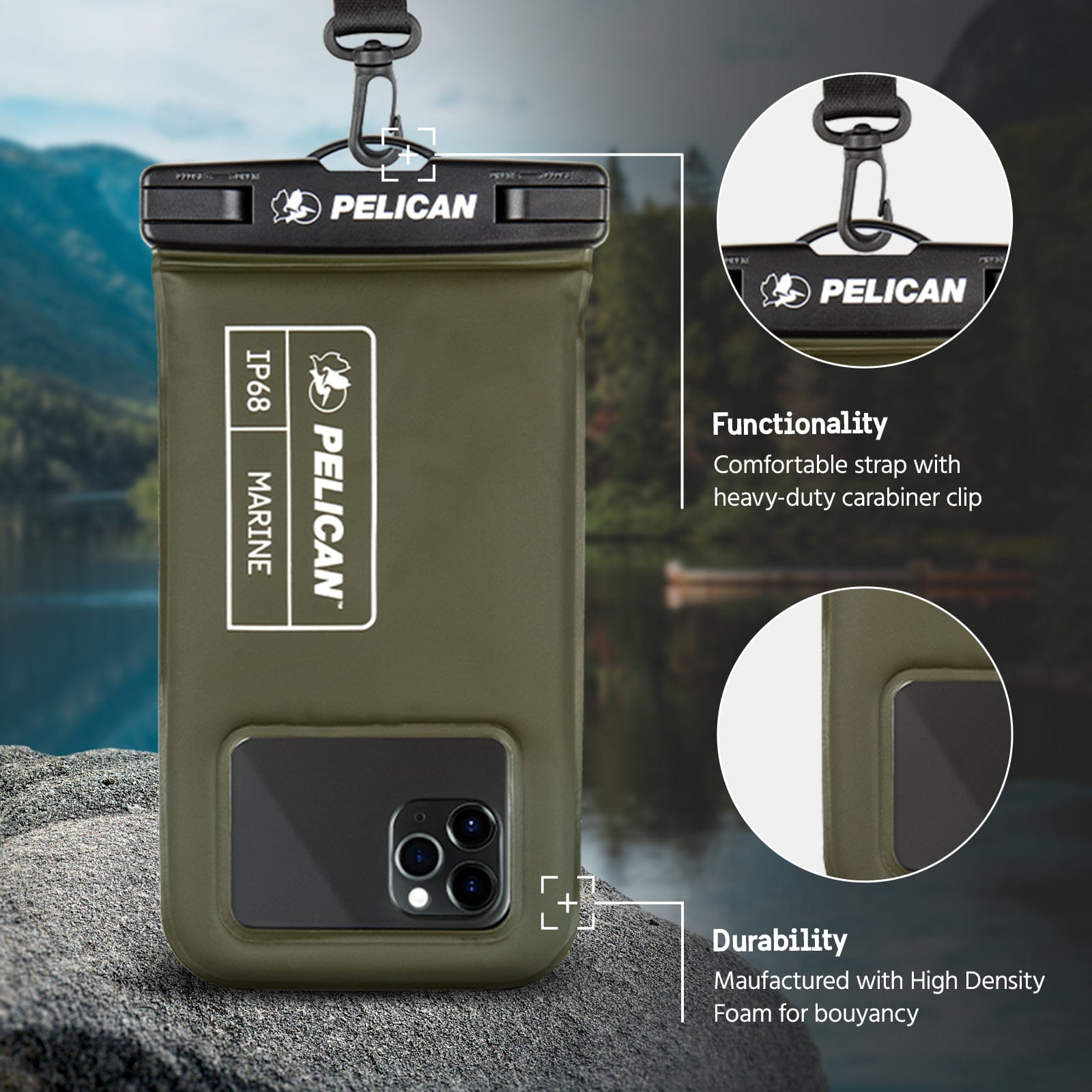 Functionality: Comfortable strap with heavy suty carabiner clip. Durability: Manufactured with high density foam for bouyancy