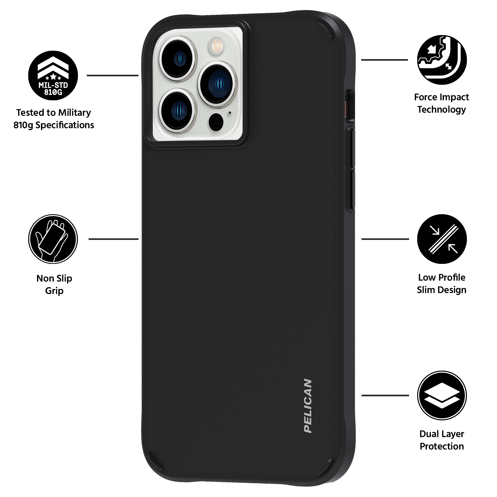 Tested to Military 810g Specifications, Non Slip Grip, Force Impact Technology, Low Profile Slim Design, Dual Layer Protection. color::Black