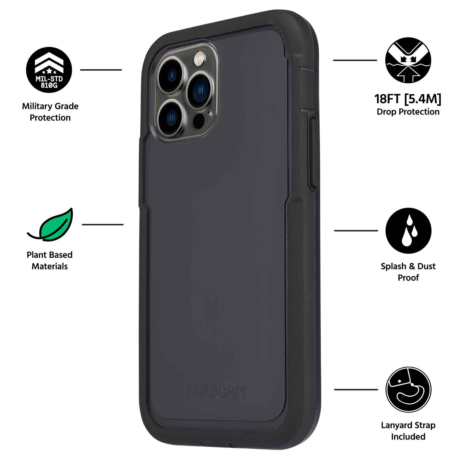 Military Grade Protection, Plant Based Materials, 18FT Drop Protection, Splash & Dust Proof, Lanyard Strap Included. color::Black