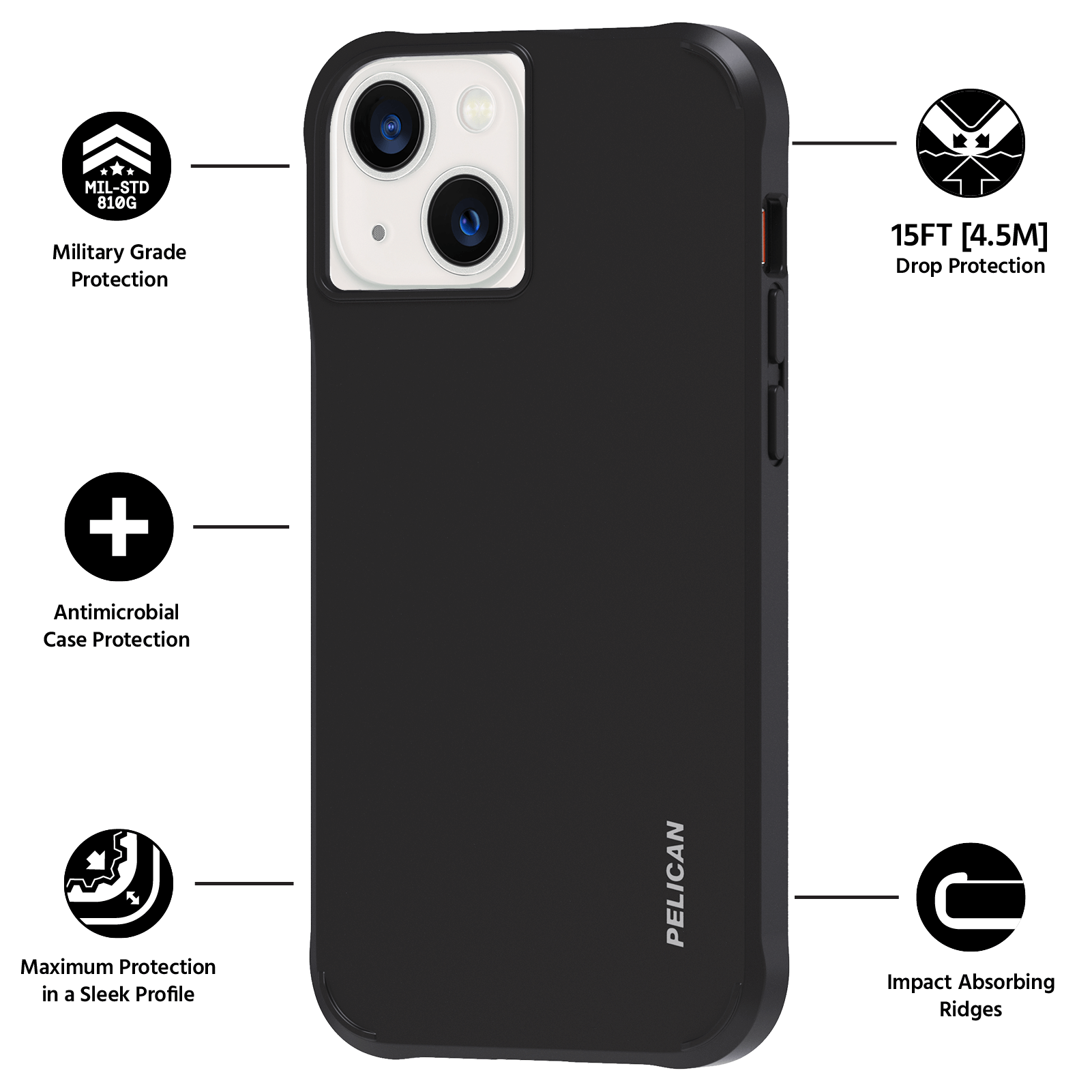 Military Grade Protection, Antimicrobial Case Protection, Maximum Protection in a Sleek Profile, 15FT Drop Protection, Impact Absorbing Ridges. color::Black