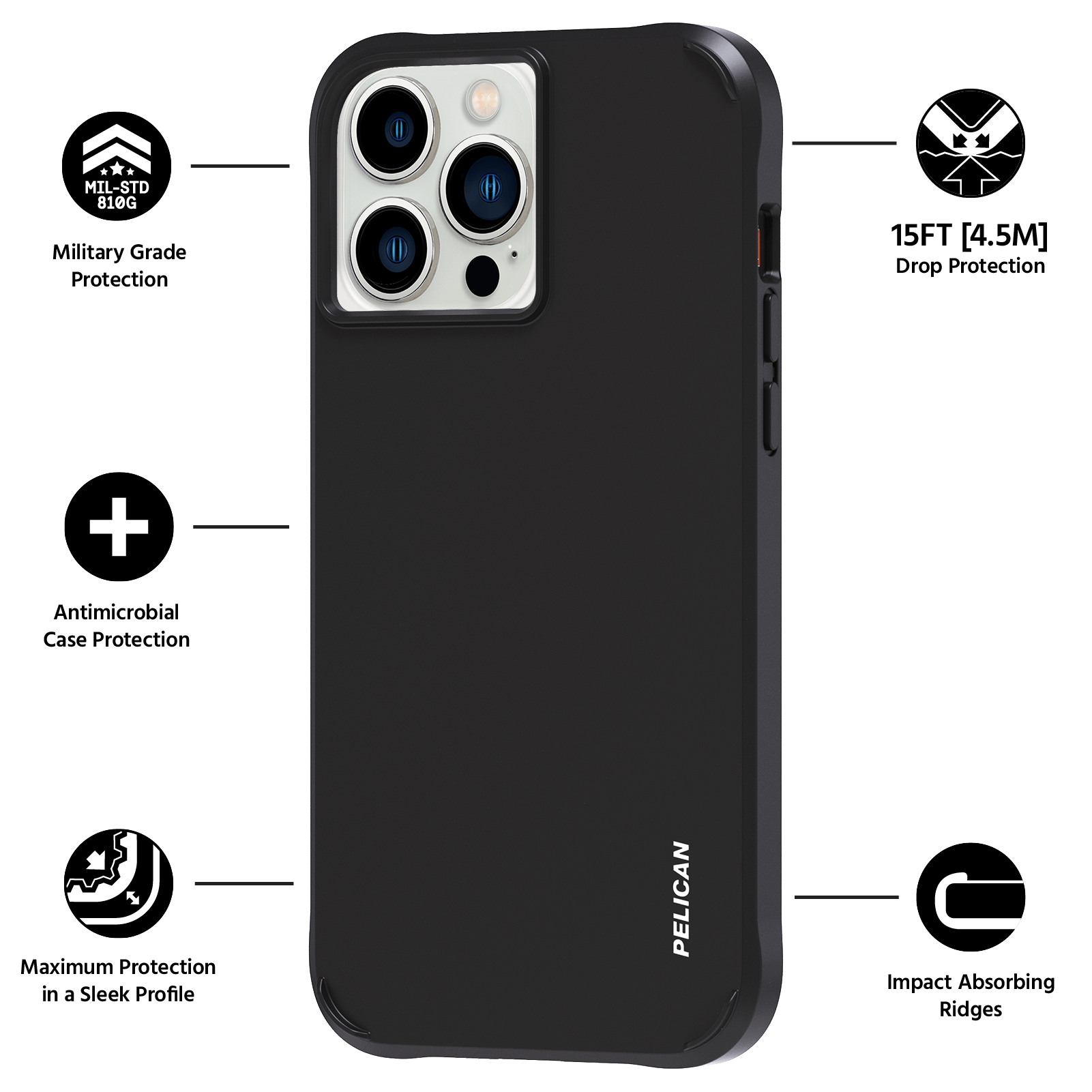 Military Grade Protection, Antimicrobial Case Protection, Maximum Protection in a Sleek Profile, 15FT Drop Protection, Impact Absorbing Ridges. color::Black
