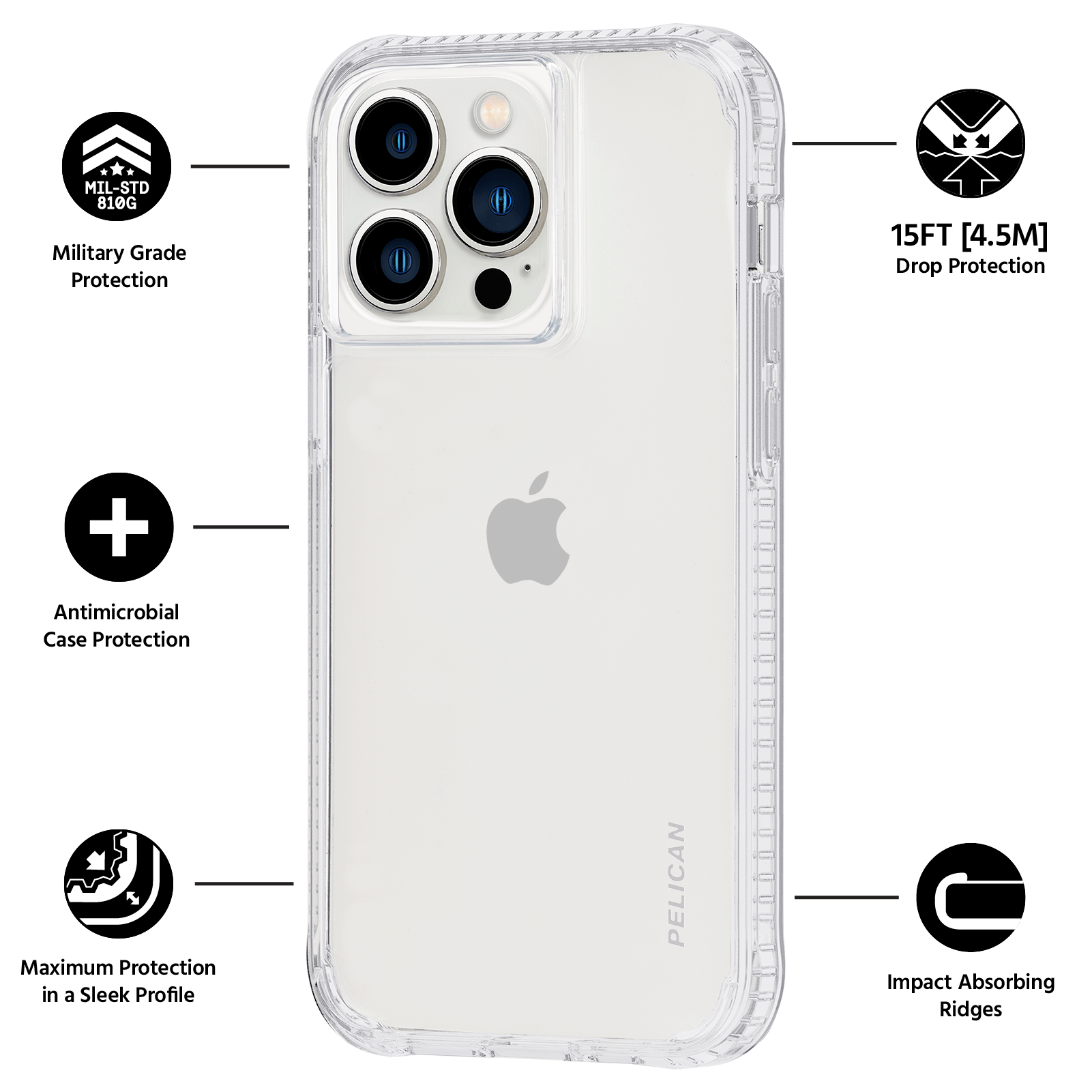 Military Grade Protection, Antimicrobial Case Protection, Maximum Protection in a sleek Profile, 15FT Drop Protection, Impact Absorbing Ridges. color::Clear