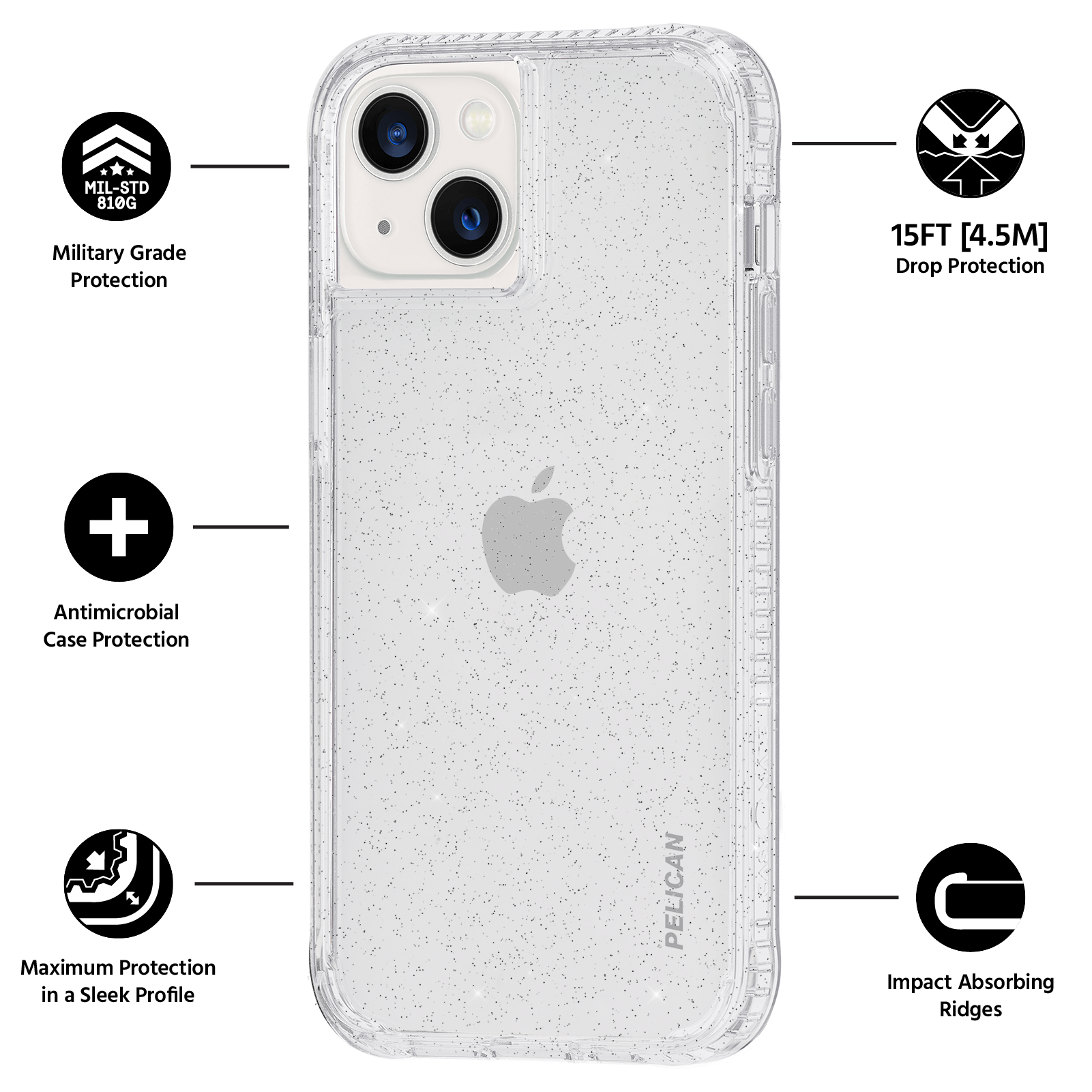 Military Grade Protection, Antimicrobial Case Protection, Maximum Protection in a sleek Profile, 15FT Drop Protection, Impact Absorbing Ridges. color::Pelican Sparkle