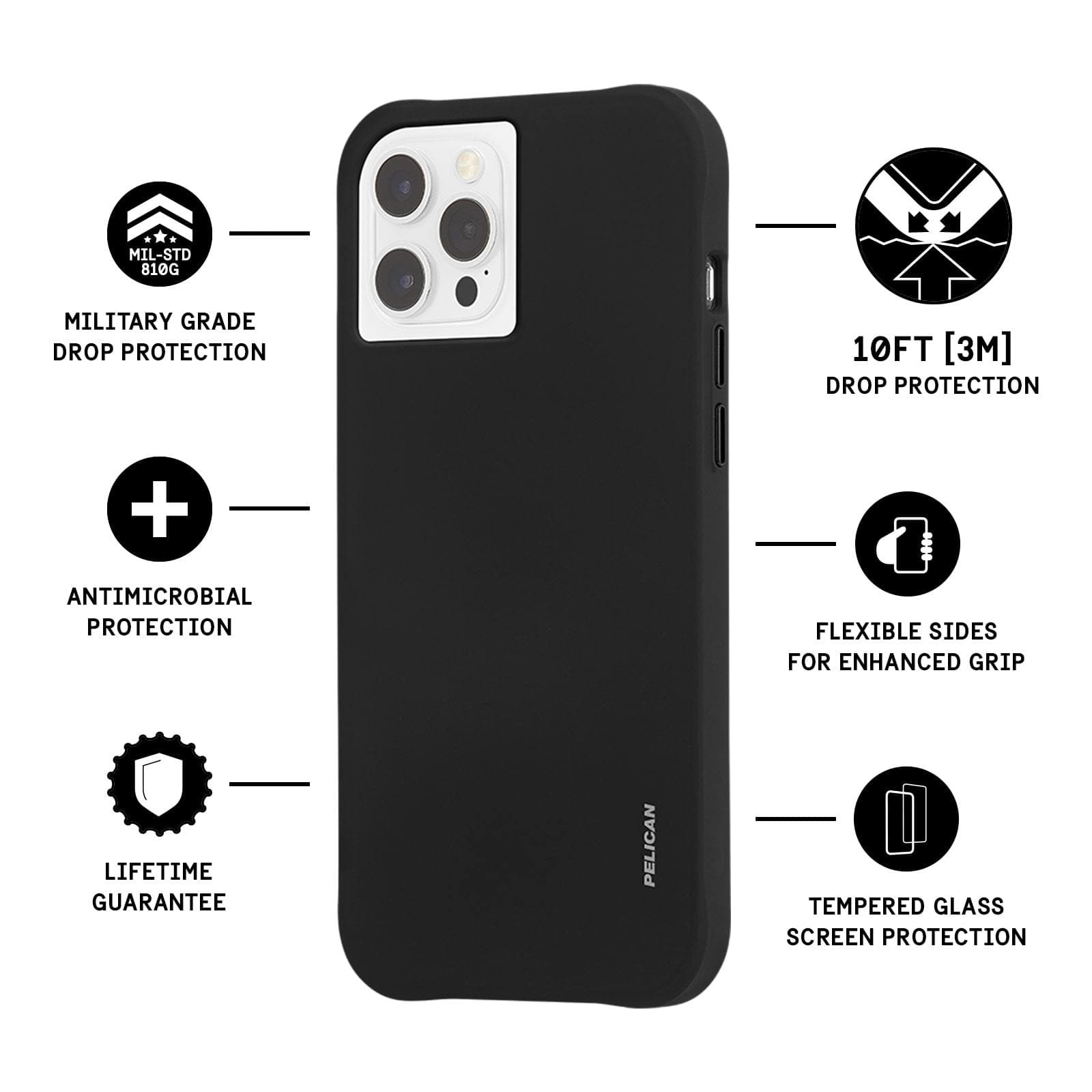 Features military grade drop protection, antimicrobial protection, lifetime guarantee, 10 ft drop protection, flexible sides for enhanced grip, tempered glass screen protection. color::Black