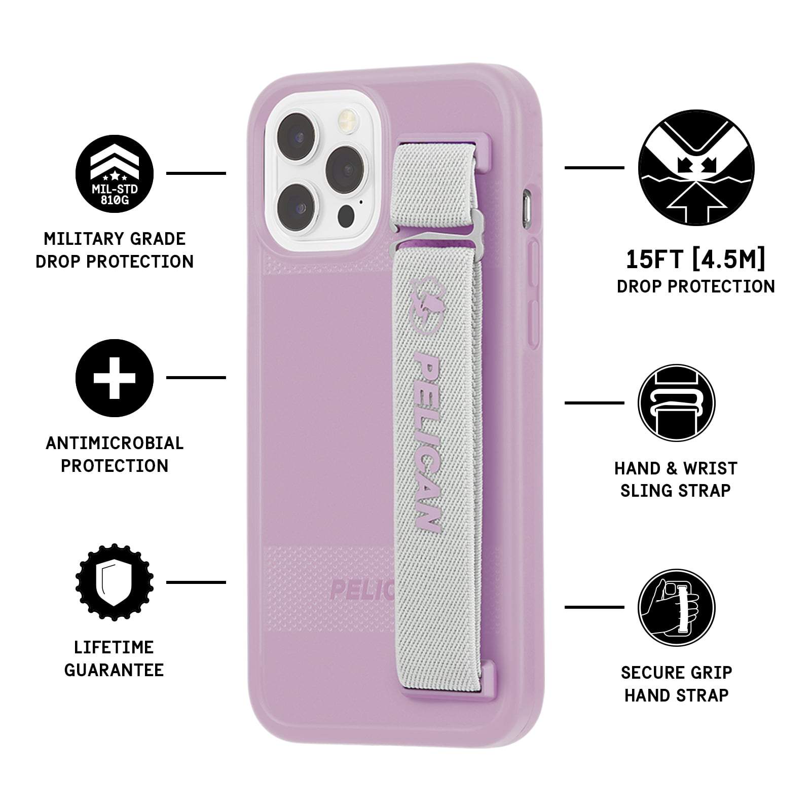 Features military grade drop protection, antimicrobial protection, lifetime guarantee, 15 ft drop protection, hand and wrist sling strap, secure grip hand strap. color::Mauve