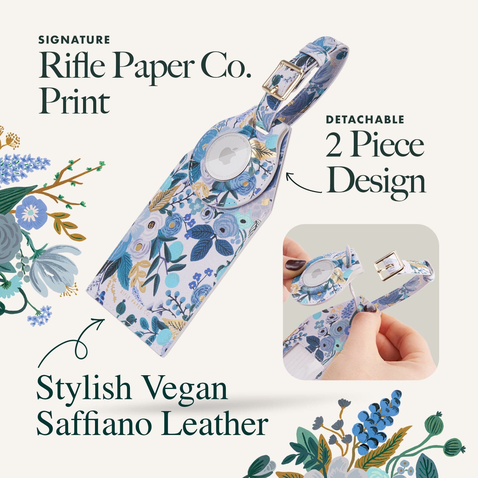 Signature Rifle Paper Co. Print. Detachable 2 Piece design. Stylish Vegan Saffiano Leather