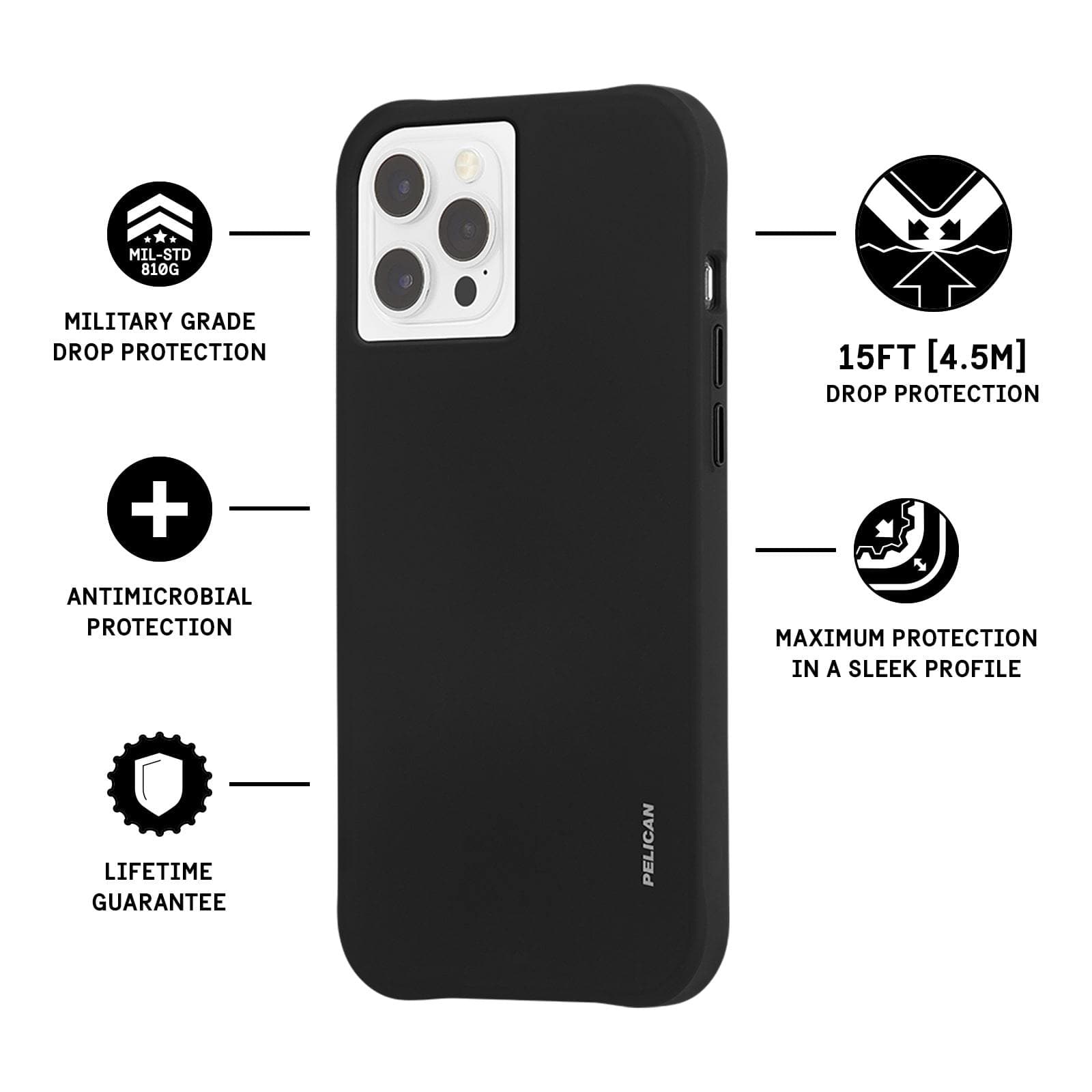 Features Military Grade Drop Protection, Antimicrobial Protection, Lifetime Guarantee, 15 ft Drop Protection, Maximum Protection in a Sleek Profile. color::Black