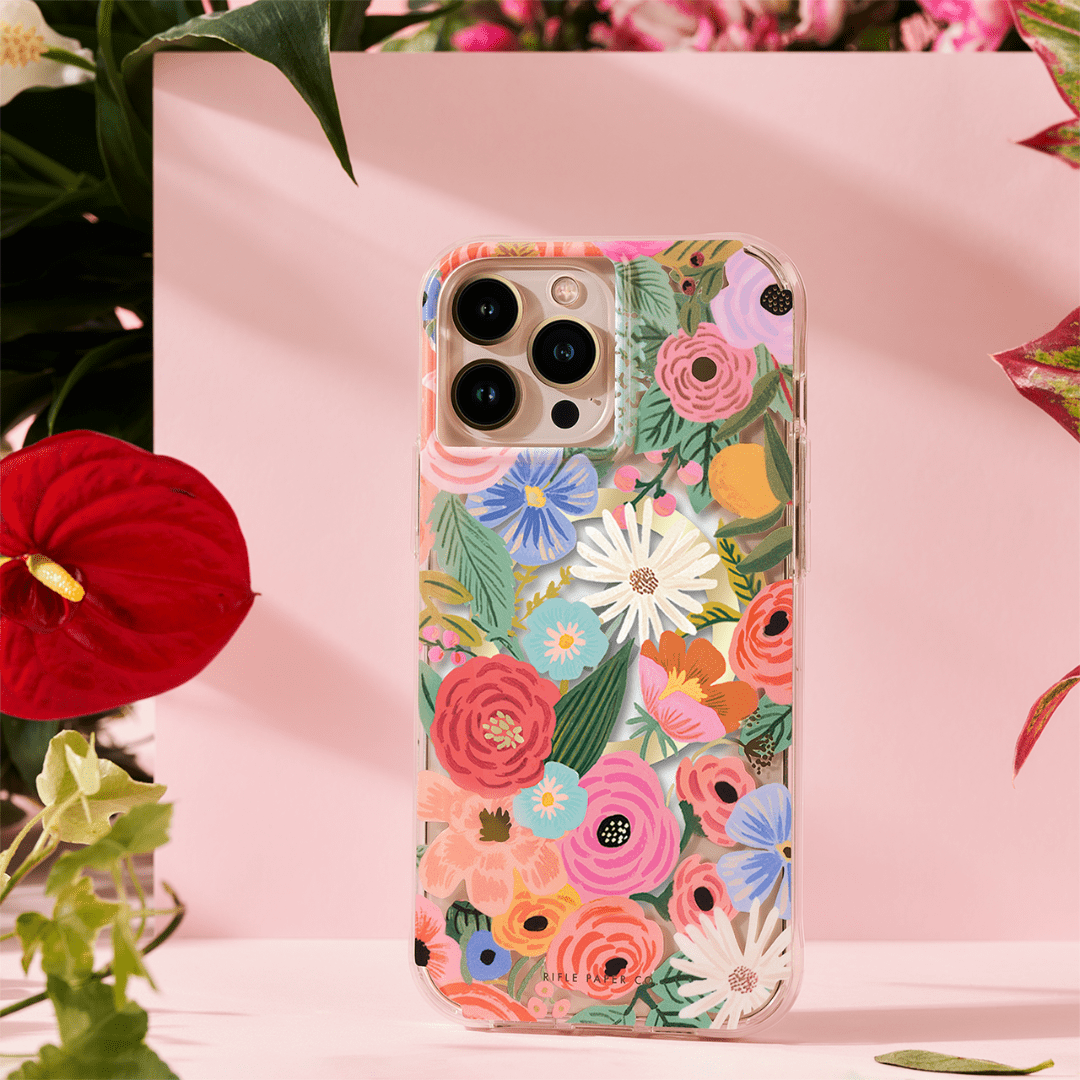 Garden Party Blush case in front of pink background. color::Garden Party Blush