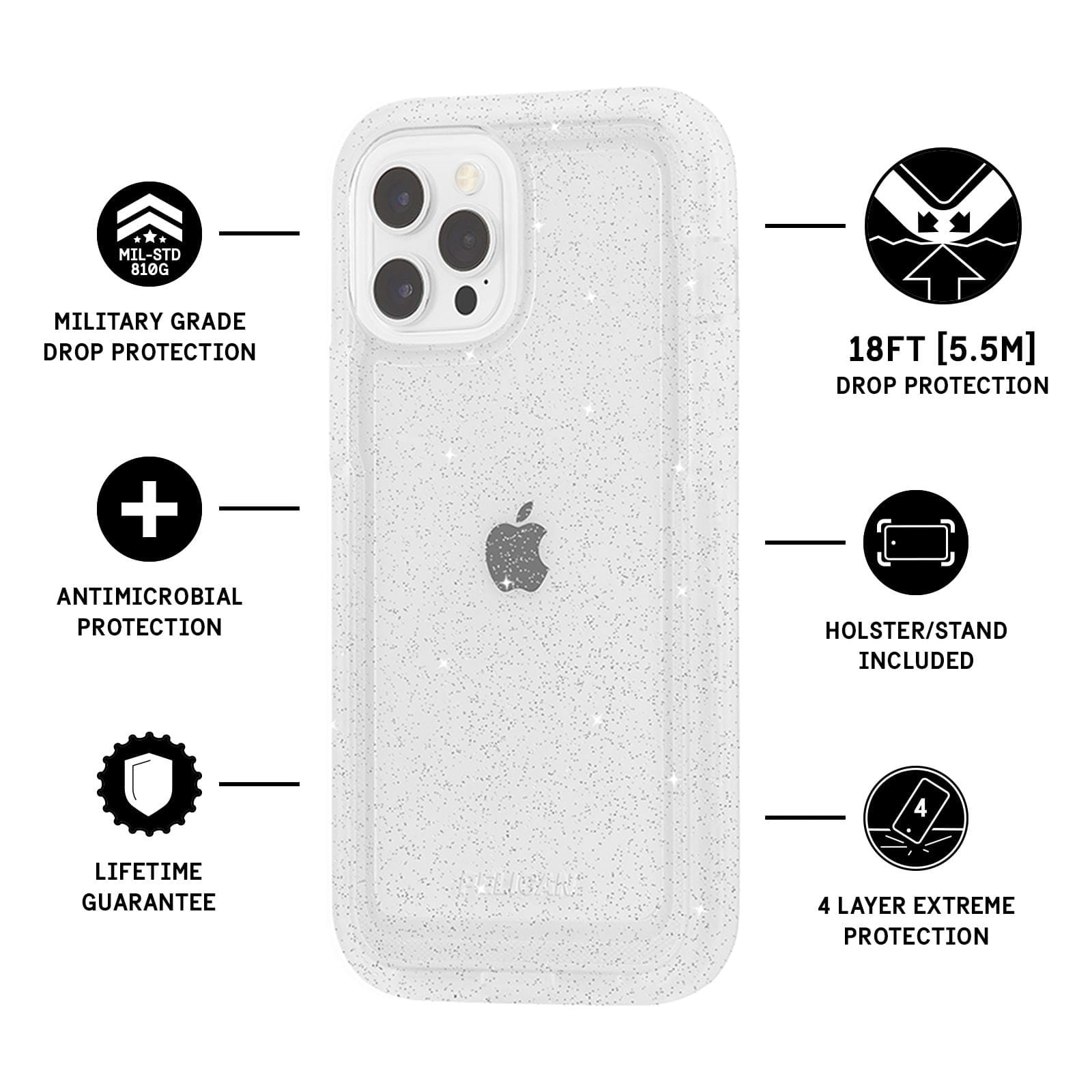 Features Military Grade Drop Protection, Antimicrobial Protection, Lifetime Guarantee, 18 FT Drop Protection, 4 Layer Extreme Protection. color::. color::Sparkle