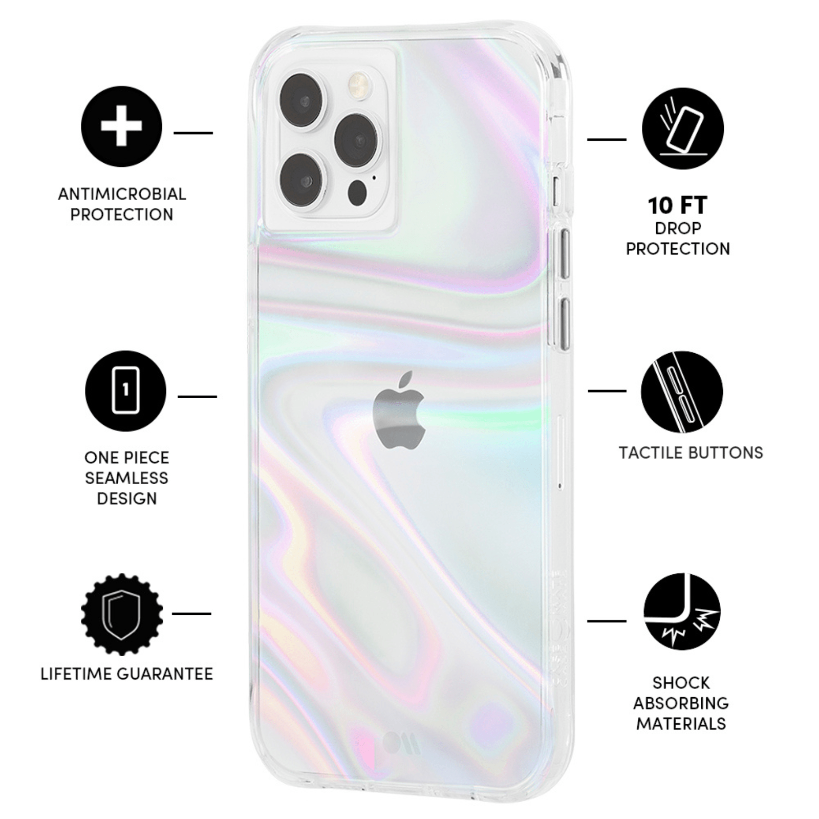 FEATURES ANTIMICROBIAL PROTECTION, ONE PIECE SEAMLESS DESIGN, LIFETIME GUARANTEE, 10FT DROP PROTECTION, TACTILE BUTTONS, SHOCK ABSORBING MATERIALS. COLOR::SOAP BUBBLE