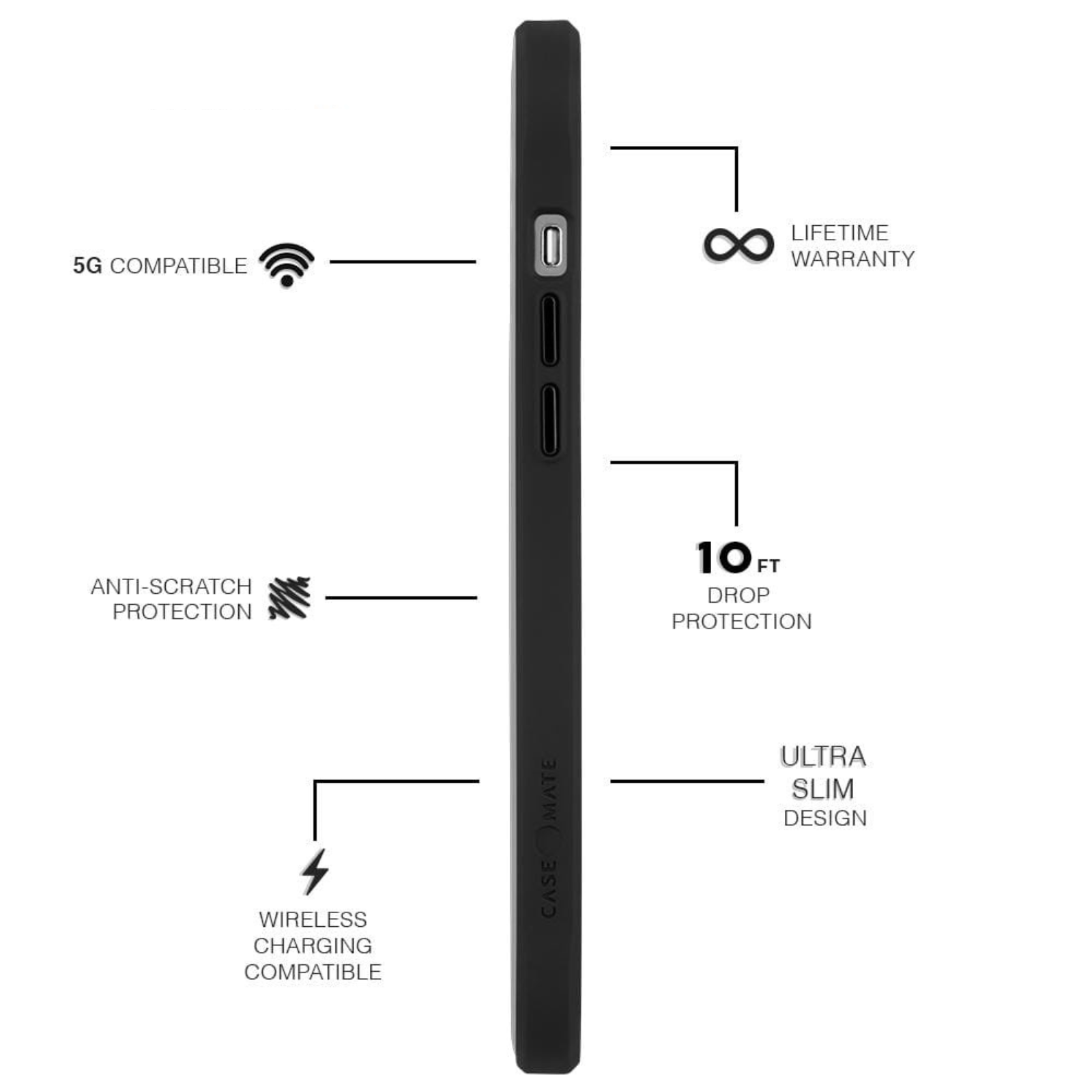 Features 5G compatible, Anti-scratch protection, wireless charging compatible, lifetime warranty, 10ft drop protection, ultra slim design. color::Black