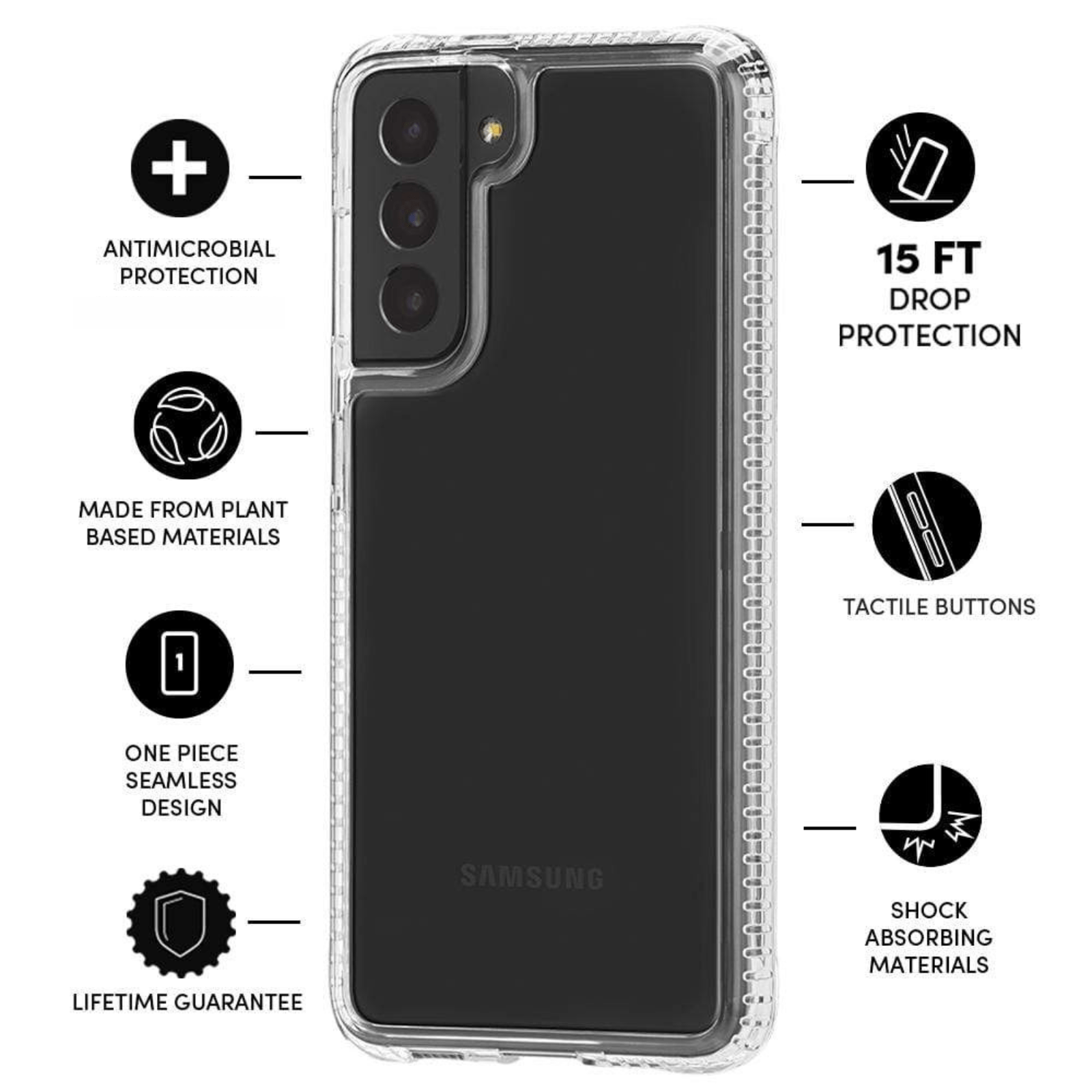 Features Antimicrobial Protection, Made from Plant Based Materials, One Piece Seamless Design, Lifetime Guarantee, 15 Ft Drop protection, Tactile Buttons, Shock Absorbing Materials. color::Clear